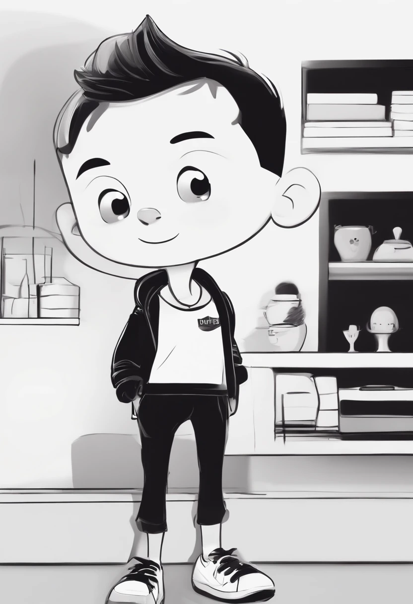 A happy cute boy standing short hair black color with topknot, vestindo uma fantasia espacial, , fundo branco, barnet, Tom, Estilo Pixar, ........3d, desenhos animados, rosto detalhado, asymmetrical 16k