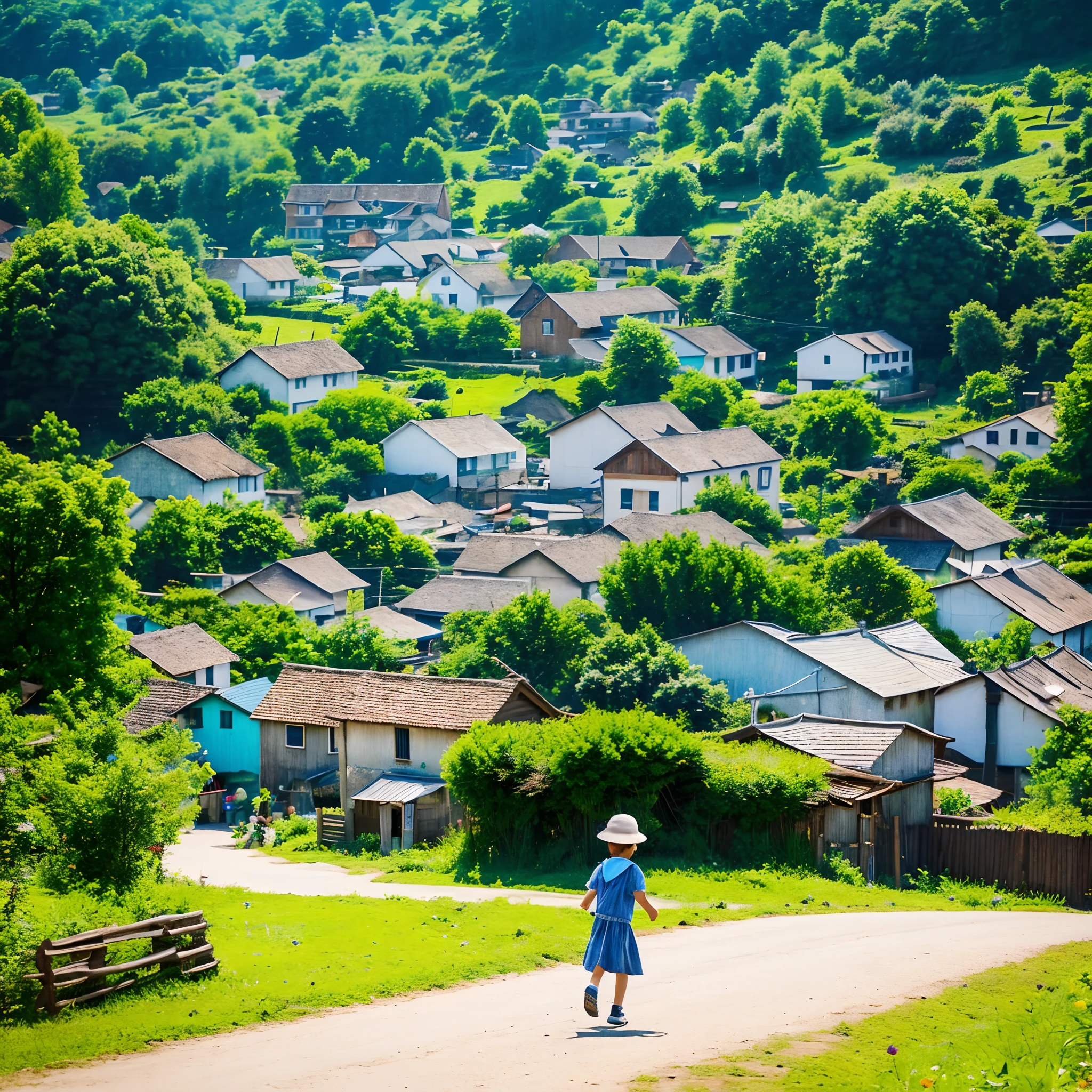 The Village - Describe an idyllic rural village scene with houses, fields, and a small child named Ramu playing in the village.