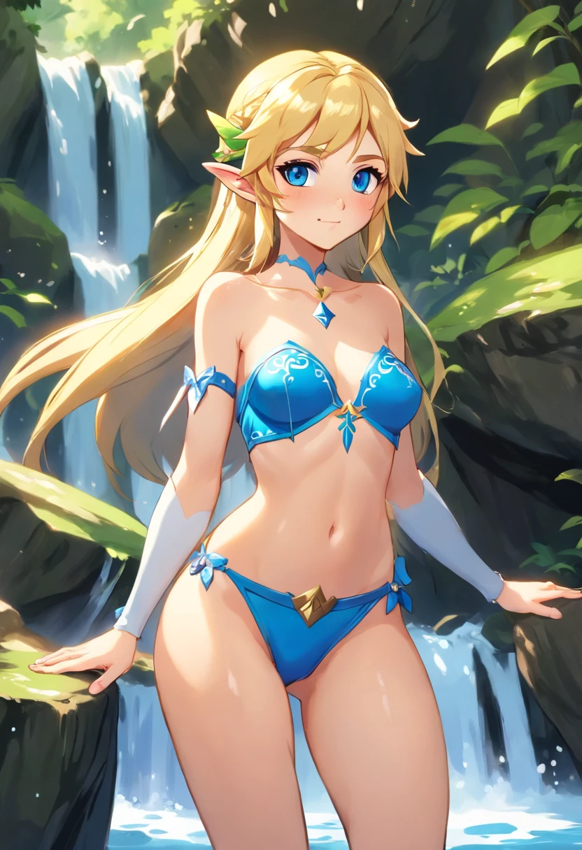elf girl, long hair, blonde, blue eyes, medium breasts, thighs, naked, embarrassed, in a waterfall, detailed skin