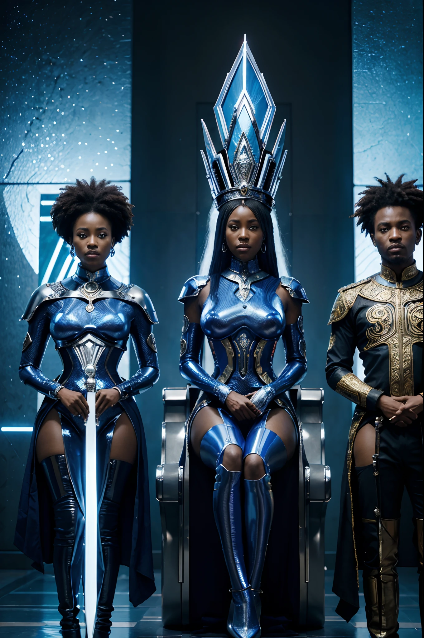 Wide angle shot of african futuristic palace with blue african designs on it, African king and African queen sitting on the throne, metallic chrome bodyguard androids holding futuristic spears, standing next to the king and queen, anime art, afrofuturism art, black anime art, Palace glowing with bbright and vibrant blue lights shining,  with beautiful iridescent light, artgerm style, 32k, ultra HD, unreal engine rendered, hyper-realistic image