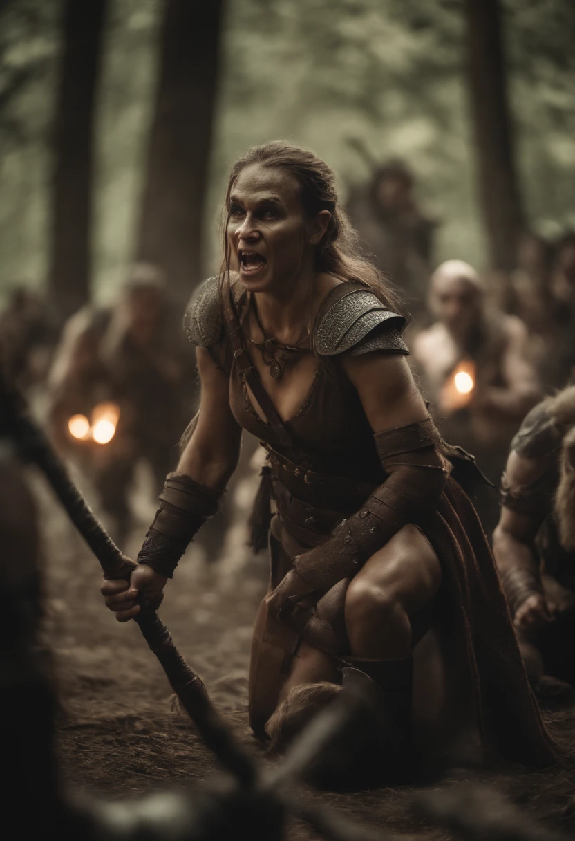A naked tanned red-haired woman warrior with dark brown, her skin is dripping with sweat and is dirty, filthy, and with large bloodstains, She has a deep bite wound on her left shoulder, dressed only in an animal skin loincloth, and an energy sword attacked by a tyrannosaurus. very dramatic, cinematic shot, shot from a movie, cinema composition shot, very detailed, high resolution, professional color, wonderful light, daylight, 300k resolution, highly realistic, lots of details.
