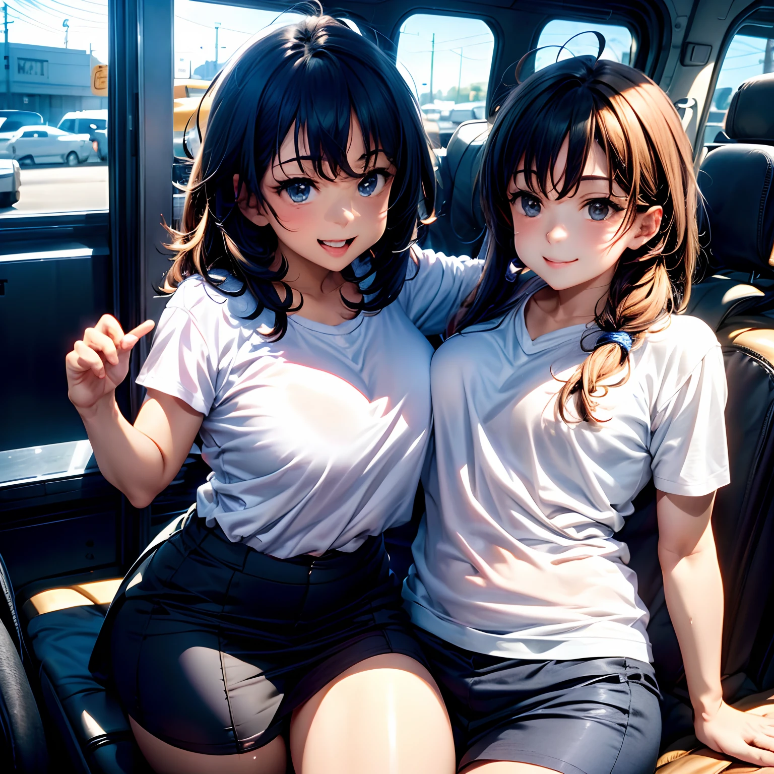 Churi, Ticker, Two high school girls are tied up and confined inside a car.、(Highly detailed CG Unity 8k), (Highest quality)，(Very detailed)，(Ultra-high resolution), ((Two Women)), gag,Sailor suit, Rope Bondage, breasts Rope Bondage, hands back Rope Bondage, leg Rope Bondage, thigh Rope Bondage, bust Rope Bondage, feet Rope Bondage, ((Put your hands behind your back)), ((Tie your wrists behind your back)), ((Ankle binding)), 白い布でgag, Navy Blue Skirt, Black Hair, The first one has long hair, The second one is a bob cut., BDSM, ((White headband)),