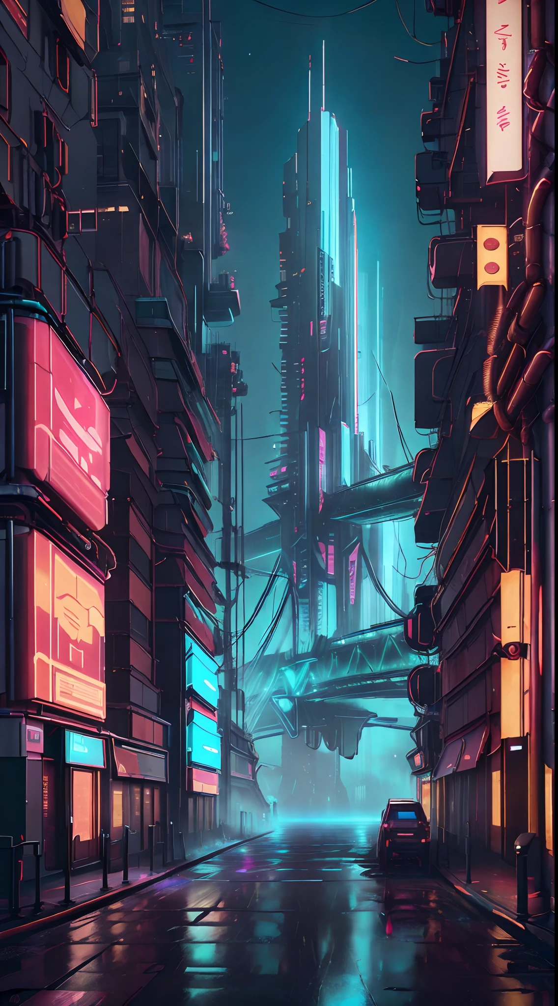 (best quality,4k,8k,highres,masterpiece:1.2),ultra-detailed,(realistic,photorealistic,photo-realistic:1.37),dystopian,industrial  cityscape,detailed machinery,advanced technology,glowing neon signs,hovering/futuristic cars,streets filled with dense crowds,skyscrapers reaching into the sky,massive digital billboards,blurred motion effect,chrome and glass buildings,highly reflective surfaces,vibrant and saturated colors,dark and moody atmosphere,contrast between light and shadow,dynamic lighting from the neon signs and billboards,artificial intelligence,technological implants,intertwined cables and wires,futuristic fashion with a mix of modern streetwear and cybernetic enhancements,high-tech goggles and headsets,advanced holographic displays,steamy vents and smoke filling the air,towering bridges connecting different parts of the city,heavy rain pouring down,electronic music playing in the background,androids and cyborgs walking among humans,movement and energy in every corner of the city,feeling of constant hustle and bustle.