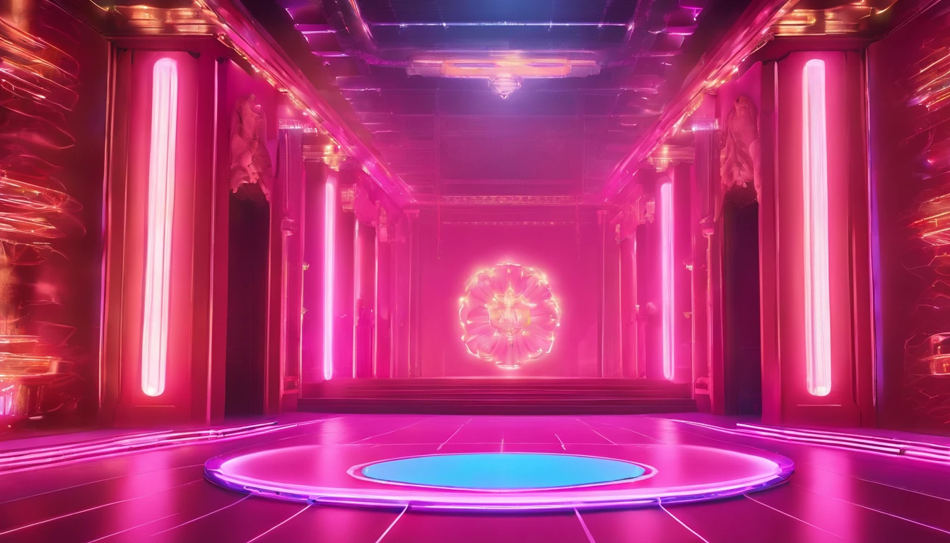 masterpiece, top-quality, Fancy spacious live stage, near future, the panorama, frontage, glaring, Lots of magenta spotlights, Black glossy floor, Contre-Jour, a cool, Fancy decoration, neon light, Glistening, with no people, clean back ground, 3d rendered