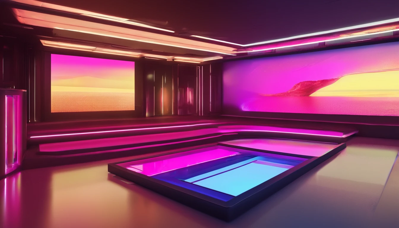 masterpiece, top-quality, Fancy spacious live stage, near future, the panorama, frontage, glaring, Lots of magenta spotlights, Black glossy floor, Contre-Jour, a cool, Fancy decoration, neon light, Glistening, with no people, clean back ground, 3d rendered