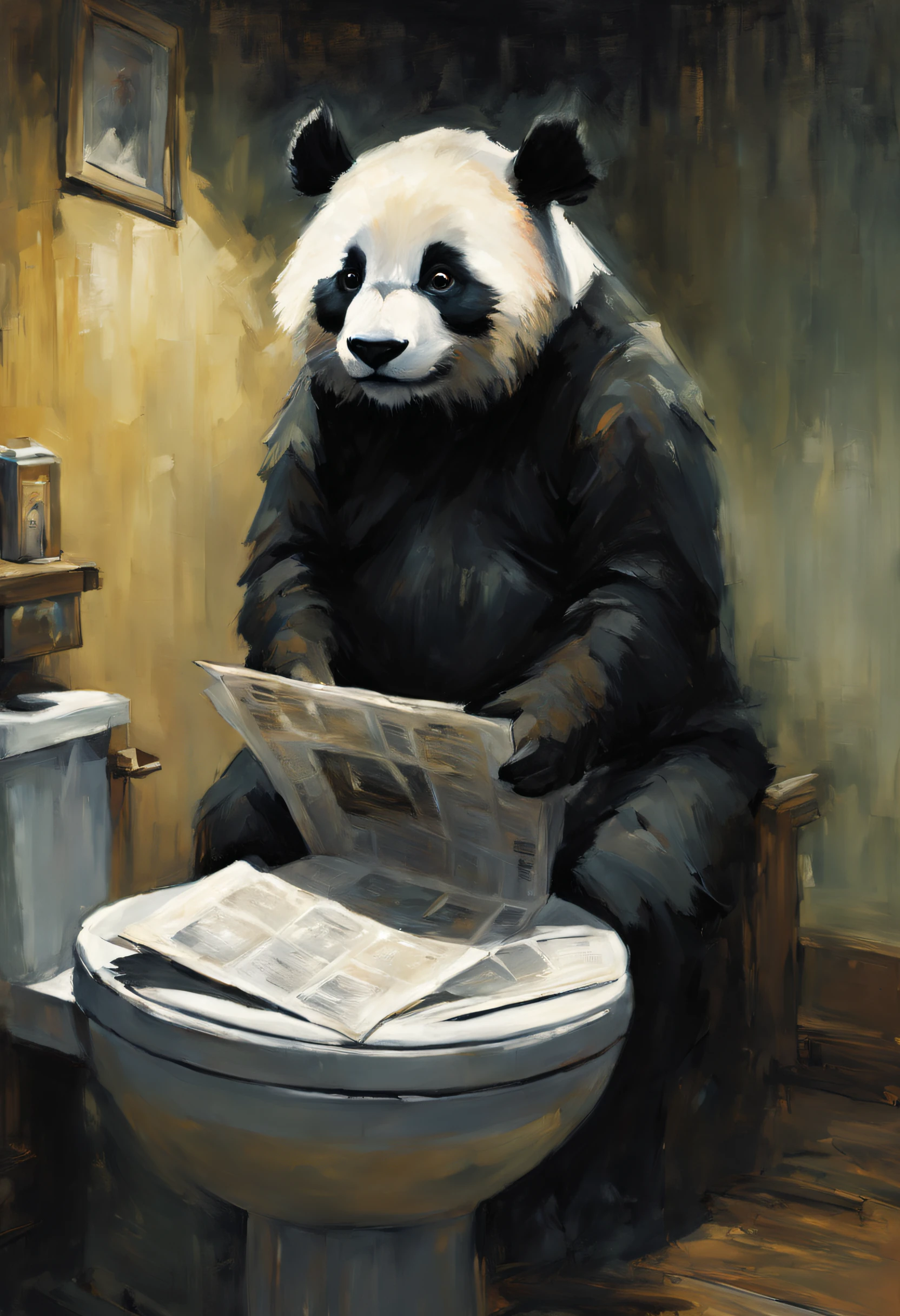 background - rough canvas, relief, oil painting, thin smooth lines, long strokes, light delicate shades, clear contours. + cinema quality 36.5 mm f0, + style: Jeremy Mann, Peter Elson, Alex Maleev, Ryohei Hase, Raphael Sanzio, Pino Daeni, Charlie Bowater, Albert Joseph Penaud, Ray Caesar, HR Giger, Gustave Dore, Stephen Gammell, a masterpiece , Panda sits on the toilet and reads the newspaper, artistic portrait, multi-layer sheets, techniques used: sfumato, chiaroscuro, atmospheric perspective, acrylic painting, trends on pixiv fanbox, brush and palette knife strokes, makoto shinkai style Jamie Wyeth James Gillard Edward Hopper Greg Rutkowski studio Ghibli genshin Impact, painting