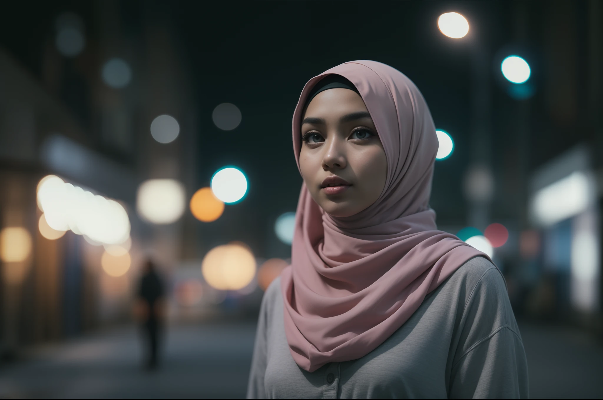 a beautiful malay girl in hijab and tight pyjamas standing in a empty city street, petite body, nighttime, Prores lense, Low angle shot, Desaturated color grading, rear projection, Tungsten light, Dynamic shadows, indie western, high quality, ultra detailed, 8k resolution,