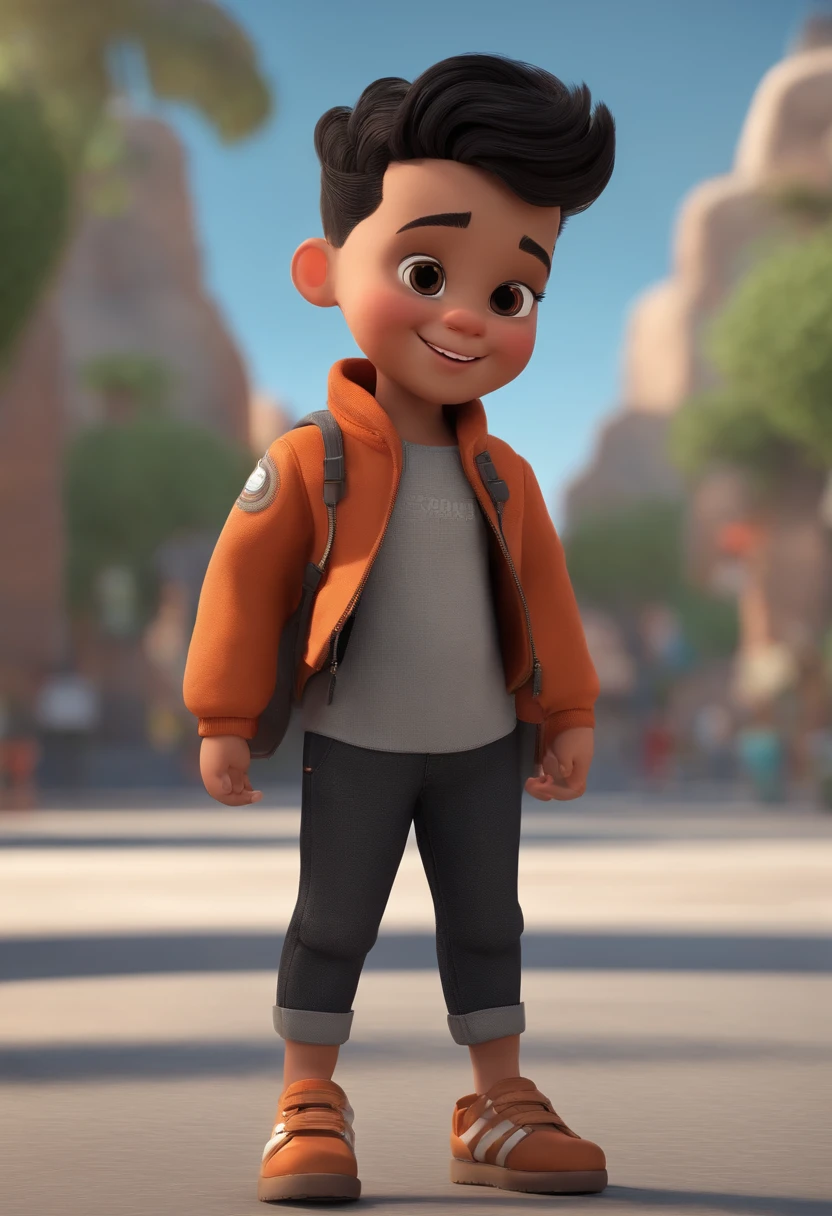 A happy cute boy standing short hair black hair color with topknot, vestindo uma fantasia espacial, barnet, Tom, Estilo Pixar, ........3d, desenhos animados, rosto detalhado, asymmetrical 16k