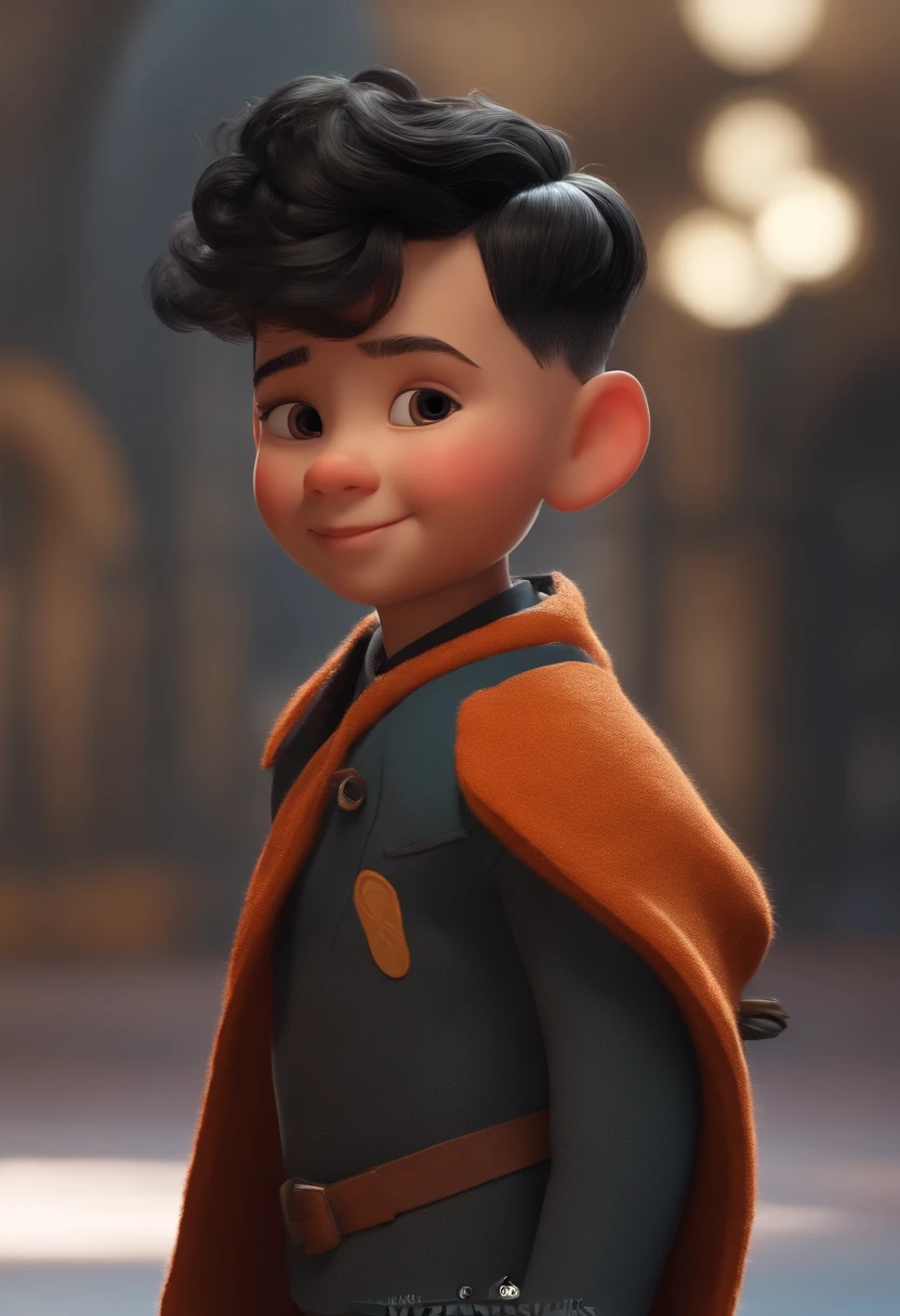 A happy cute boy standing short hair black hair color with topknot, vestindo uma fantasia espacial, barnet, Tom, Estilo Pixar, ........3d, desenhos animados, rosto detalhado, asymmetrical 16k