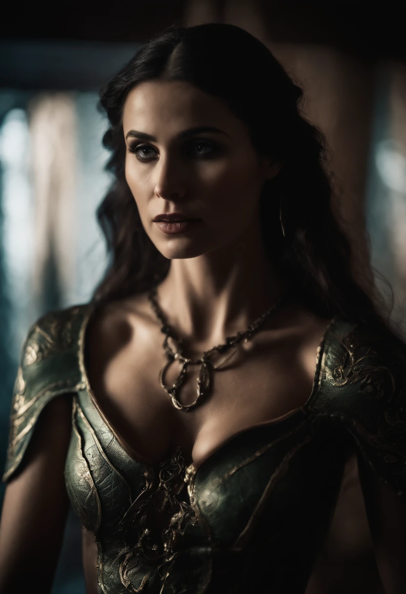 Dark black hair female elf. topless.
