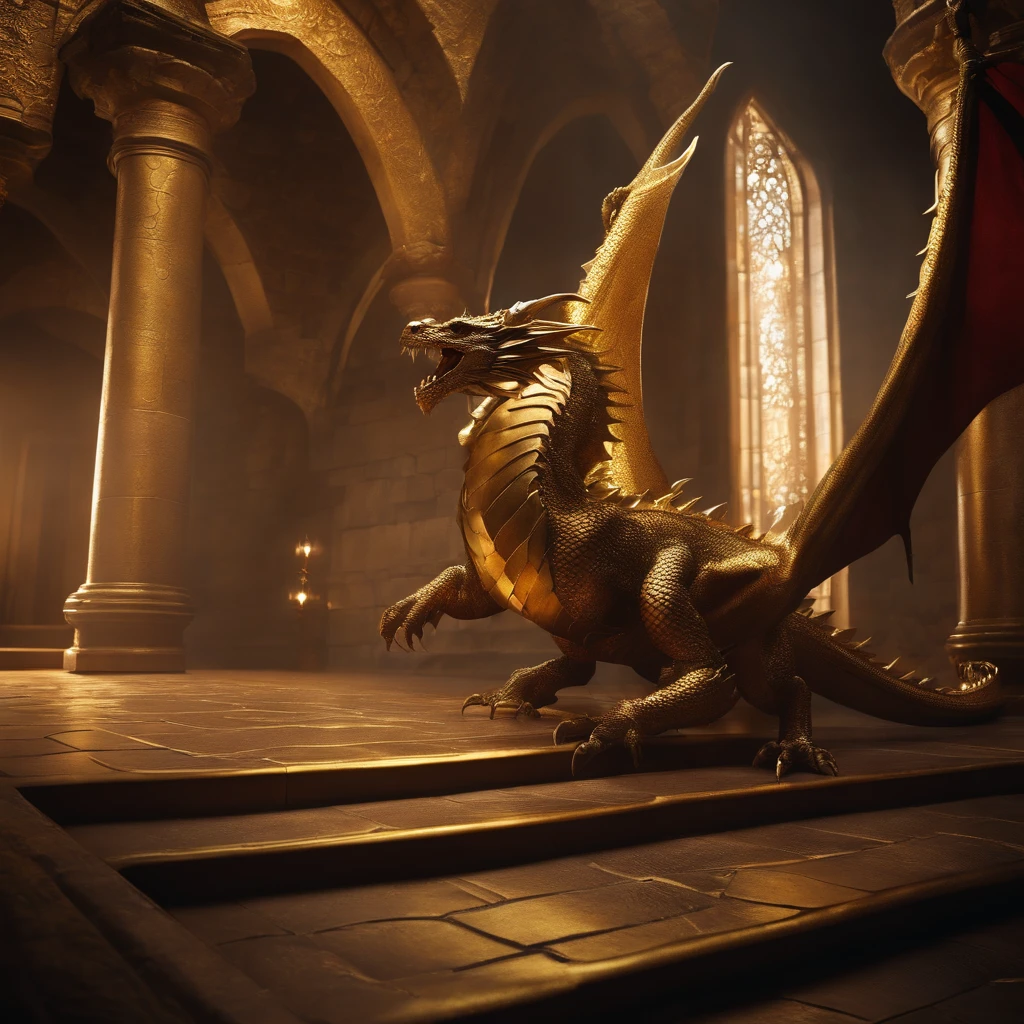 Dragon in a medieval castle, Gold strewn across the floor, Epic look, A warrior in golden armor in front of the dragon