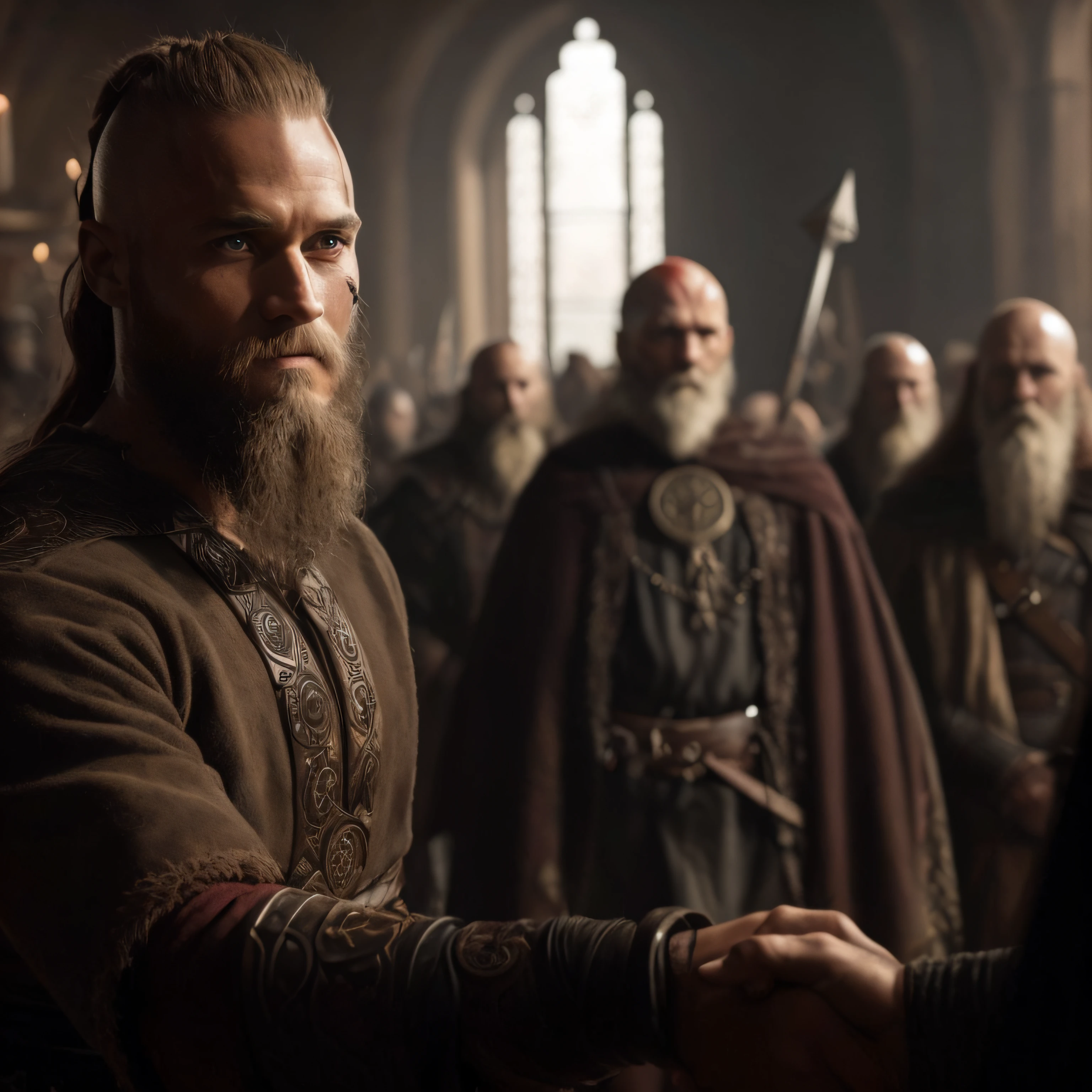 A closeup of a person shaking hands with a man with a long beard, VIQUINGUES, Filme ainda de 'Thor', Rei Viking, filme ainda de god of war, estilo Viking, Tuomas Korpi e Wlop, Cultura Viking, viking and templar aesthetics, inspired by Oluf Høst, Viking, Norse, Retrato de um Viking, traje Viking