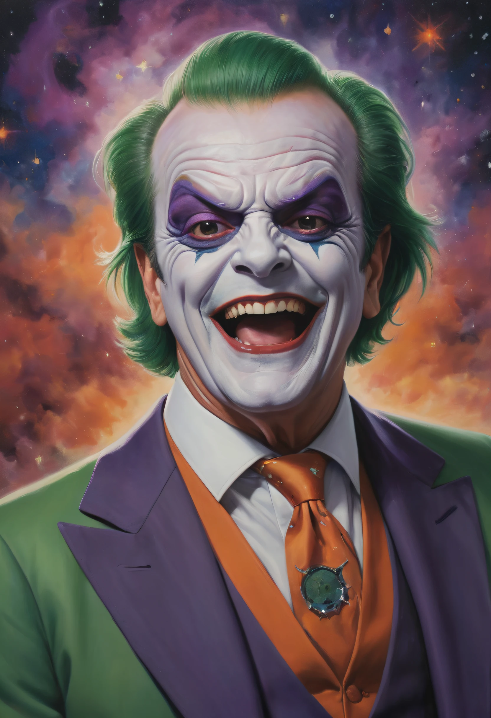 half body image, portrait of Jack Nicholson as the Joker, white face paint, red lipstick, short, green hair and eyebrows, dark eye shadow, Laughing maniacally, purple suit, orange vest, multicolored tie, extremely colorful, planets and stars and galaxies, in the background, Multicolored lightning, fog, and clouds, oil painting on canvas in the art style of Boris Vallejo
