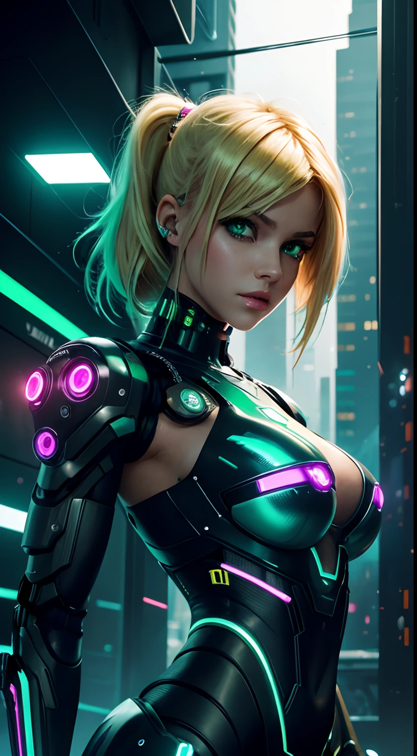 cyborg girl, robot hand, green eyes, cyberpunk city background, neon light, blonde hair, masterpiece, ultra high details