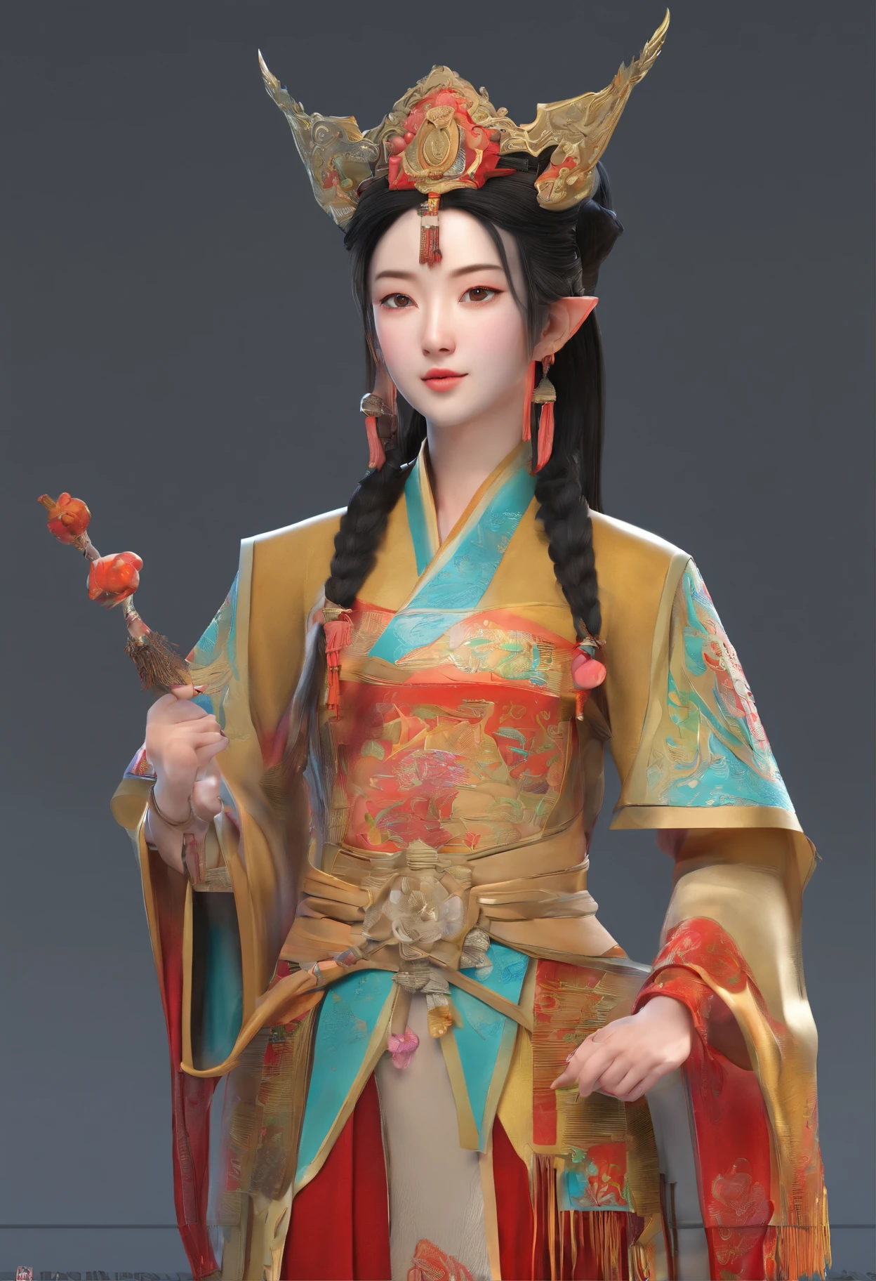 The front of a character,Lateral face,on back,3D game character design,Song dynasty costumes,Jun porcelain,the elf,femele,