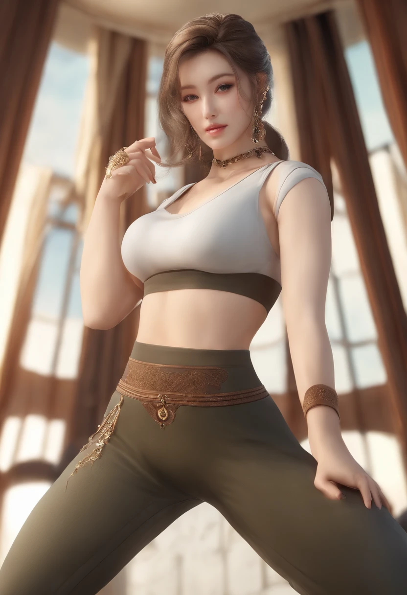 ((Best quality, 8k, masutepiece: 1.3)), tranchant: 1.2, Perfect Body Beauty: 1.4, Abdominaux minces: 1.2, ((Layered Hairstyle, gros seins: 1.2)), very detailed face and skin texture, Yeux fins, 双眼皮, salle de musculation, porter un pantalon de yoga, white tank top