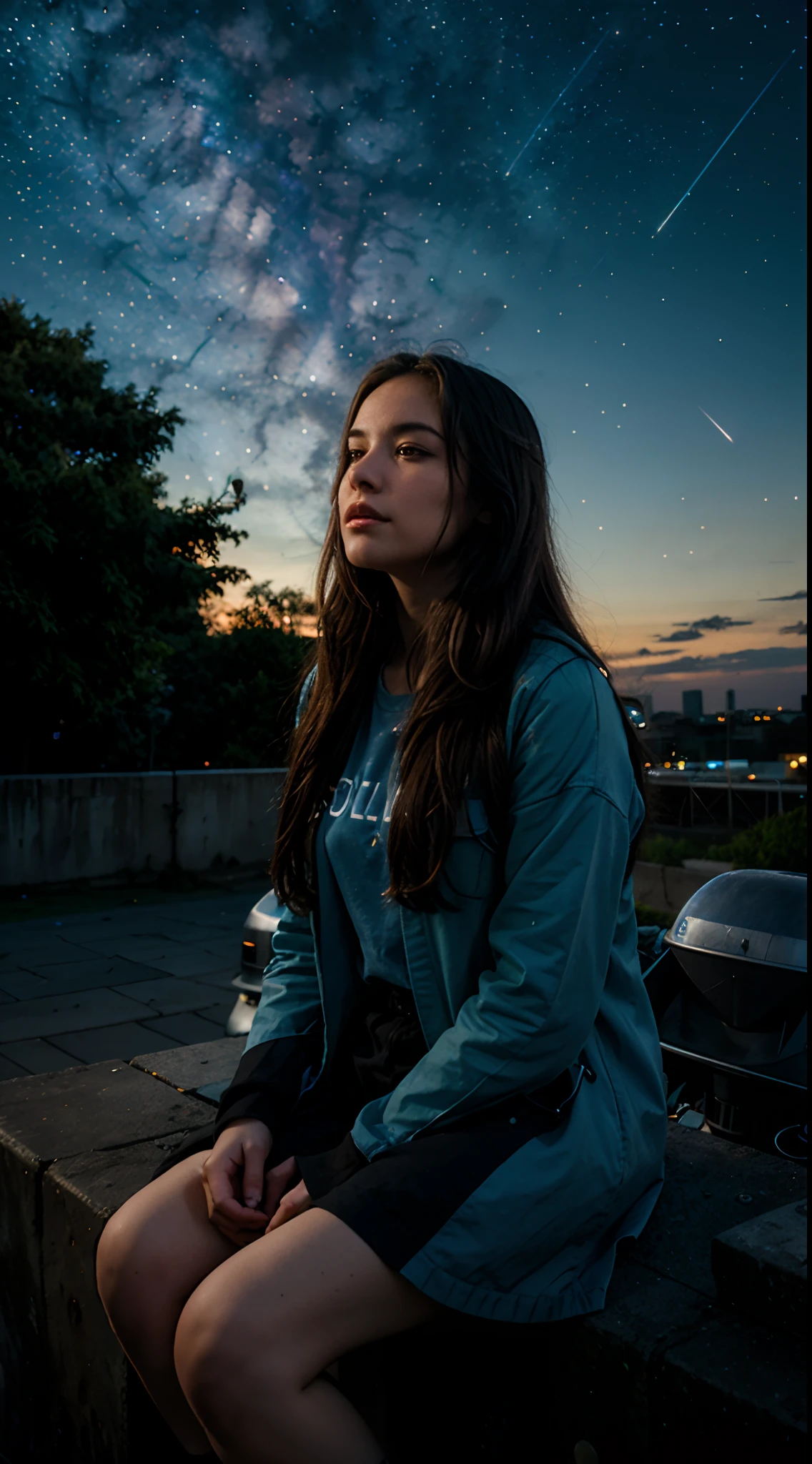 octans, sky, star (sky), scenery, starry sky, night, 1girl, night sky, solo, outdoors, building, cloud, milky way, sitting, tree, long hair, city, silhouette, cityscape