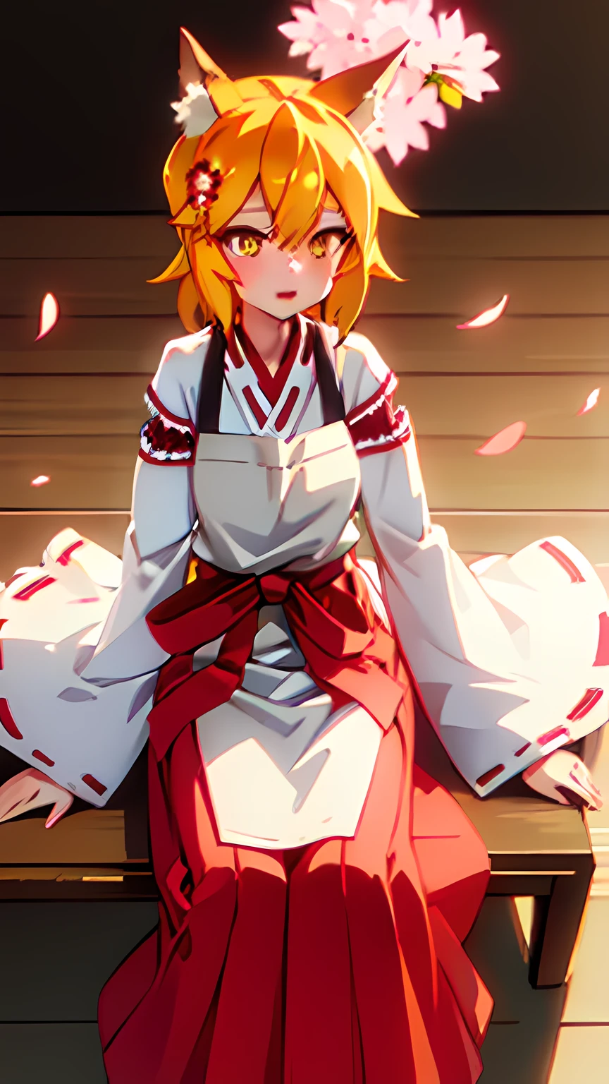 1foxgirl,yellow hair,large breasts,red hakama, 
,solo,((looking at viewer)), soft light, sharp, exposure blend,medium shot,sleeping,(hyperdetailed:1.2), (intricate details:1.2), (artstation), realistic lighting, (PureErosFace:0.7),realistic,panties,cherry blossoms, falling petals, hiten1