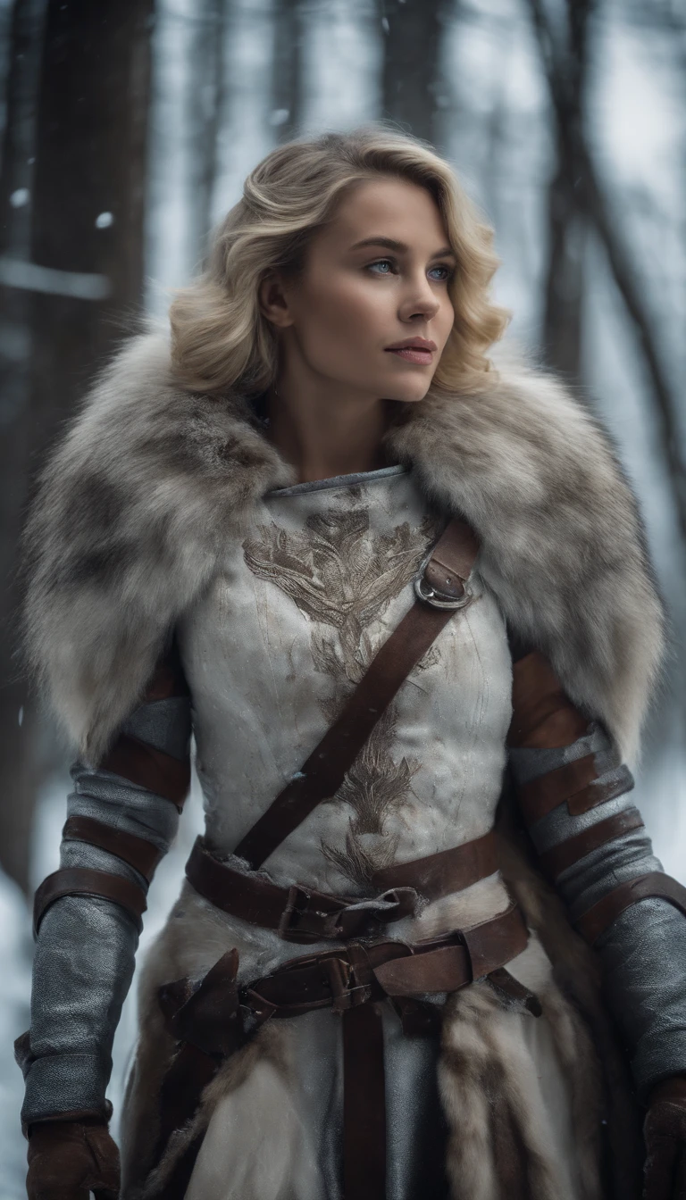 Blonde girl in armor in icy forest，Next to it is a large brown wolf in armor