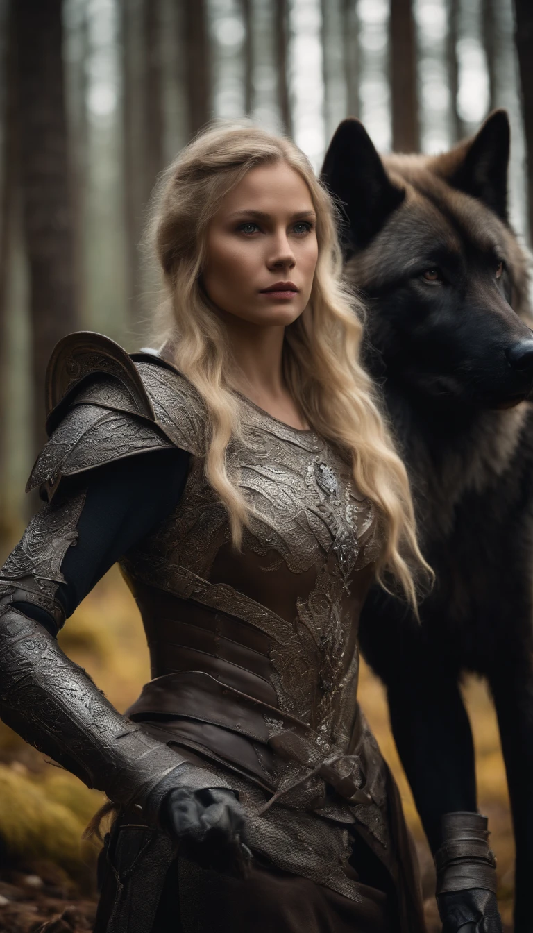 Blonde girl in armor in icy forest,Next to it is a large brown wolf in armor