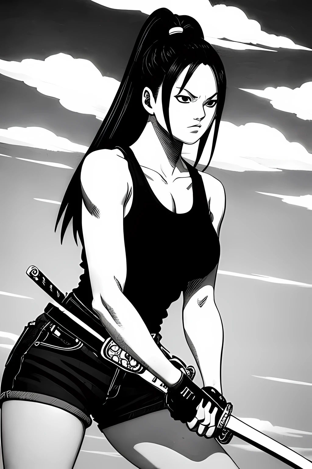 hand drawn black and white poster of o-ren ishi kill bill manga style akira toriyama (best quality) (Highly detailed) depth of field, crosshatching shading, stippling, curvy figure, (correct hands), urban combat clothing, detailed black denim shorts with tank top, detailed visable shoulder gun holster, full body drawing, dynamic pose with katana sword and pistol in hand with clouds and night sky in background