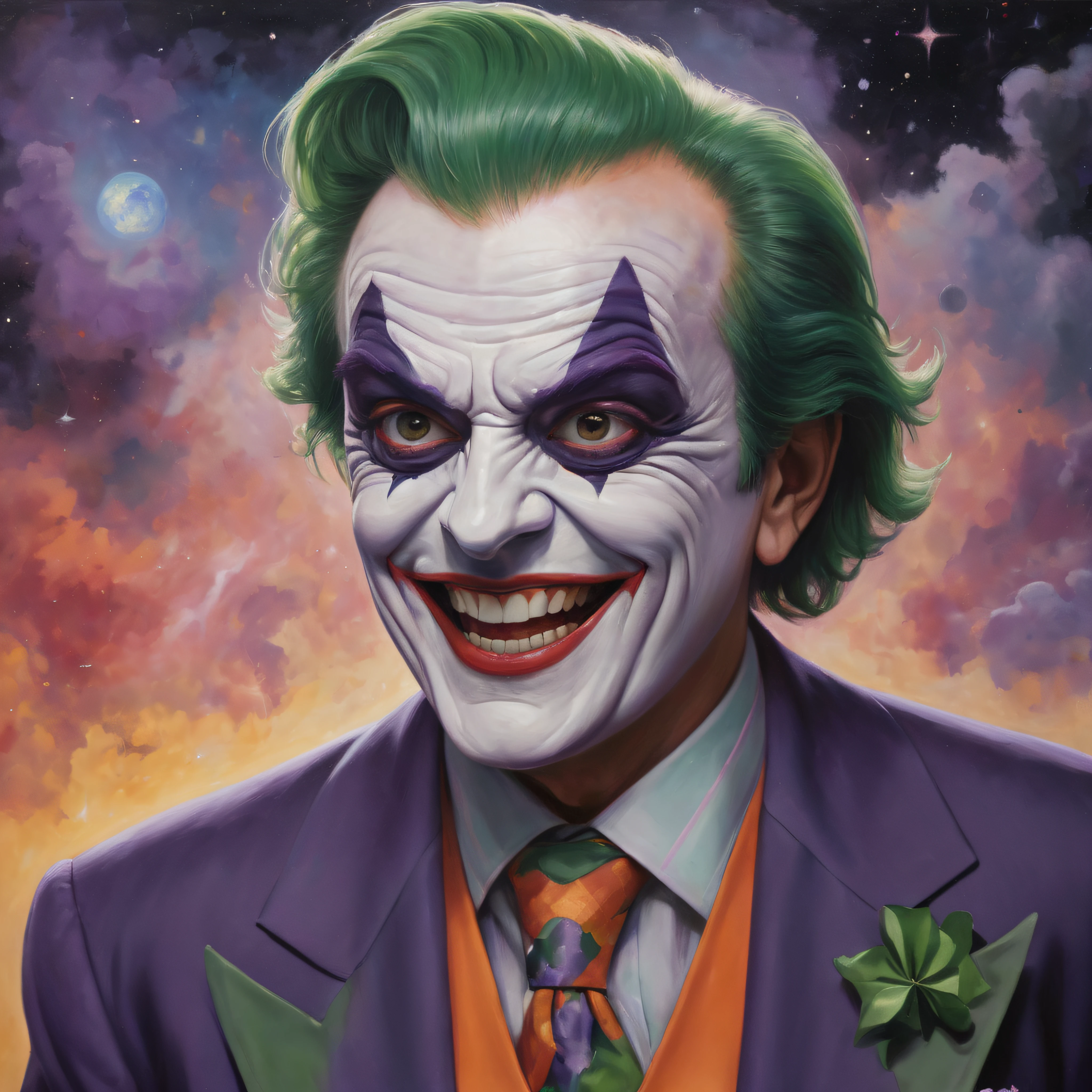 half body image, portrait of Jack Nicholson as the Joker, white face paint, red lipstick, short, green hair and eyebrows, shadowed eyes, Laughing maniacally, purple suit, orange vest, multicolored tie, extremely colorful, planets and stars and galaxies, in the background, Multicolored lightning, fog, and clouds, oil painting on canvas in the art style of Boris Vallejo