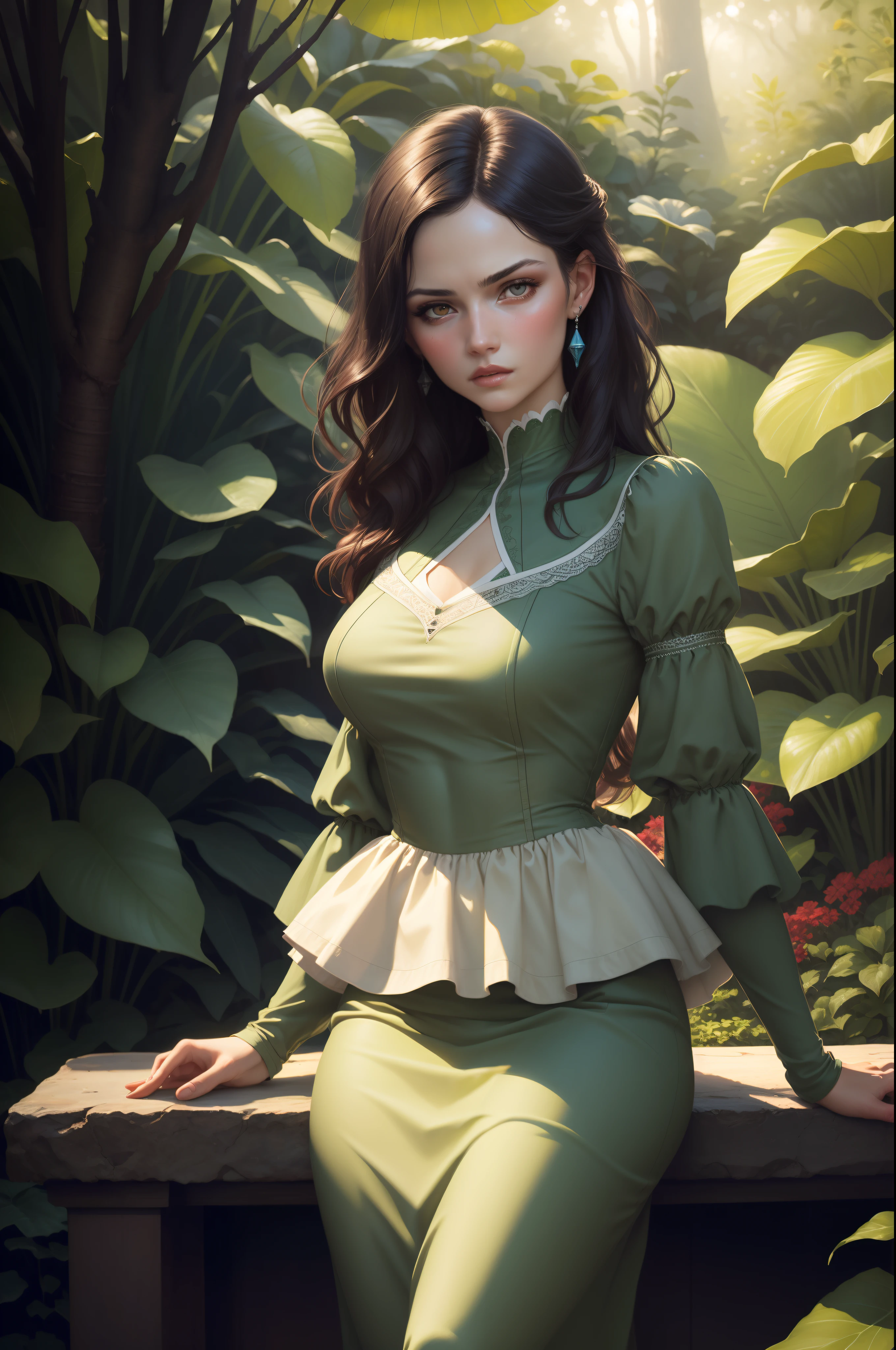 short hair, nnlnnx, (sharp focus:1.2), photo, attractive young woman, (beautiful face:1.1), detailed eyes, luscious lips, (bold red lip colour:0.85), (medium breasts:1.0), (slim body:1.2), (long hair:1.2), wearing (1980s peplum dress:1.2) in a (botanical garden:1.2). (moody lighting:1.2), depth of field, bokeh, 4K, HDR. by (James C. Christensen:1.2|Jeremy Lipking:1.1).
