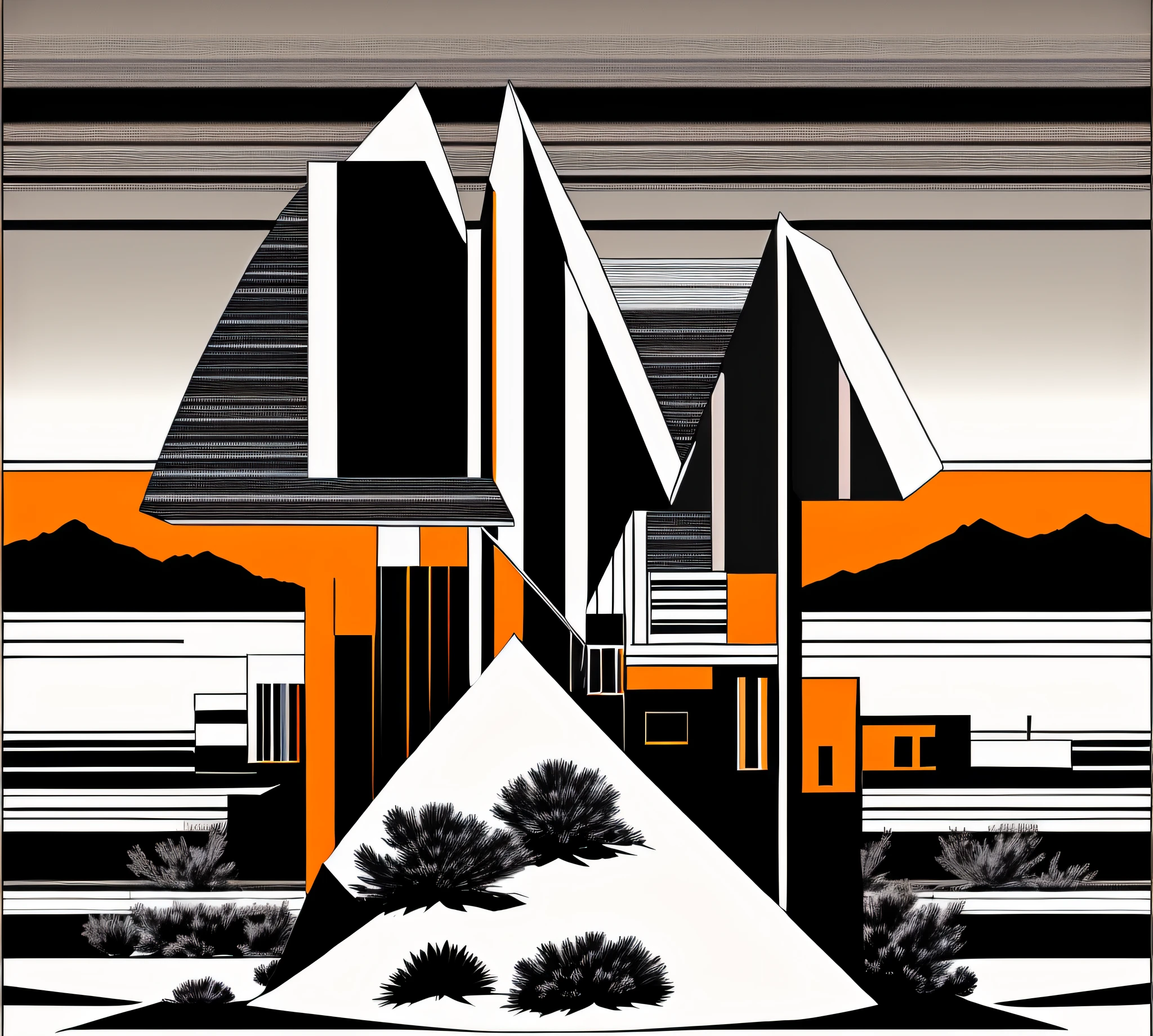 pop art style solid colors desert landscape evening lighting black and white with solid lines and single pop of color