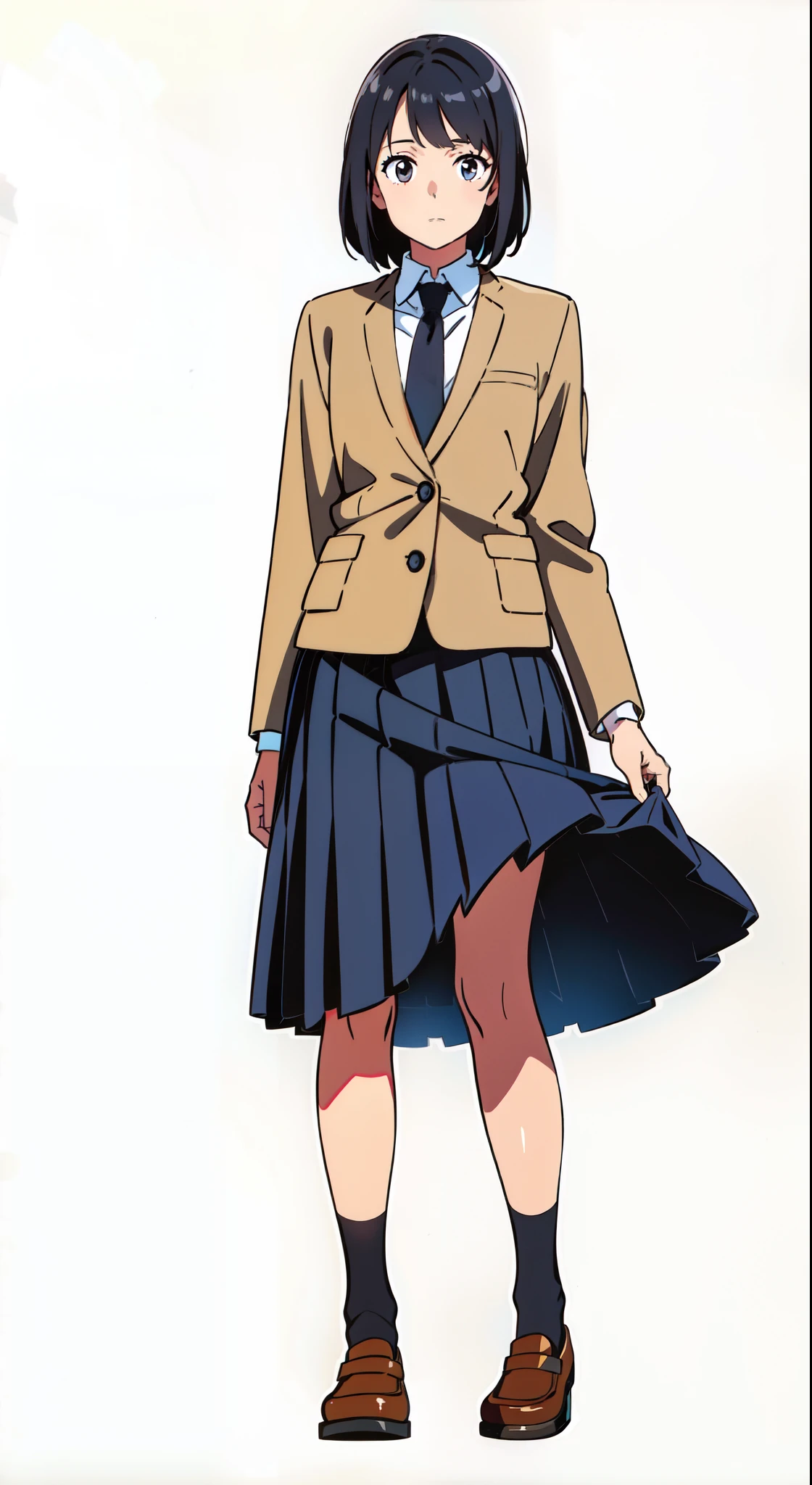 (white background:1.1), (best quality:1.1), (masterpiece:1.1), (full body:1.0), (solo:1.0), (a 18yo cute girl:1.0), (long skirt:0.9), (dark blue skirt:1.0), (pleated skirt:1.0), (school uniform beige blazer:1.0), (dark blue necktie:1.0), (black socks:1.0), (loafers:1.0), (lanky:1.1), (tall:1.1), (slender:1.1), (small breasts:1.1), (detailed beautiful eyes:1.0), (detailed beautiful face:1.0), (glowing black eyes:1.0), (short hair:1.0), (strait hair:1.0), (black hair:1.0), (standing:1.0), (looking at viewer:1.0)