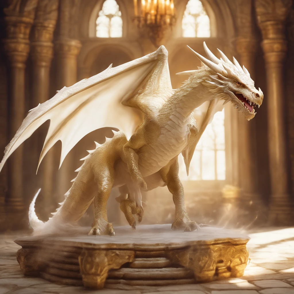 Albino dragon in a medieval castle, Gold strewn across the floor, Epic look