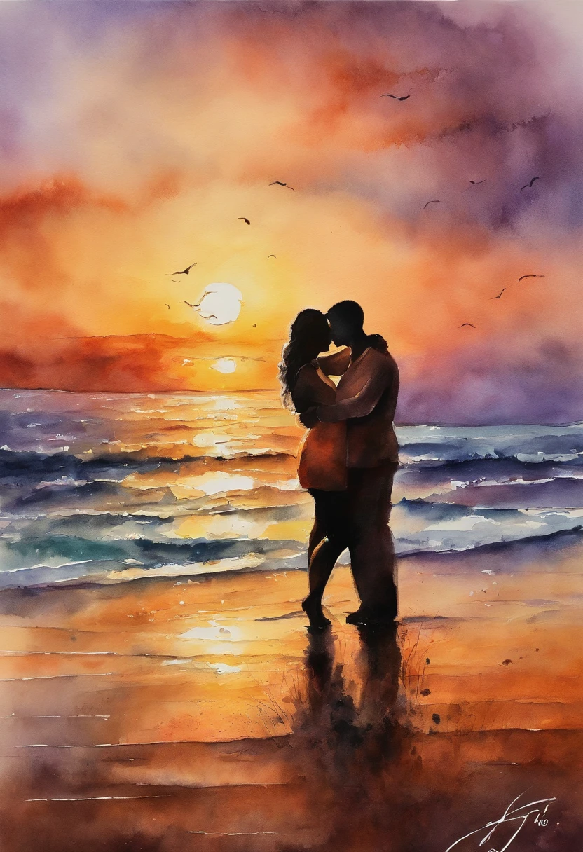 beautiful sunset, romantic couple, passionate kiss, love, sunset colors, soft lighting, intimate atmosphere, gentle breeze, warm embrace, genuine affection, tranquil setting, special moment, heartfelt connection