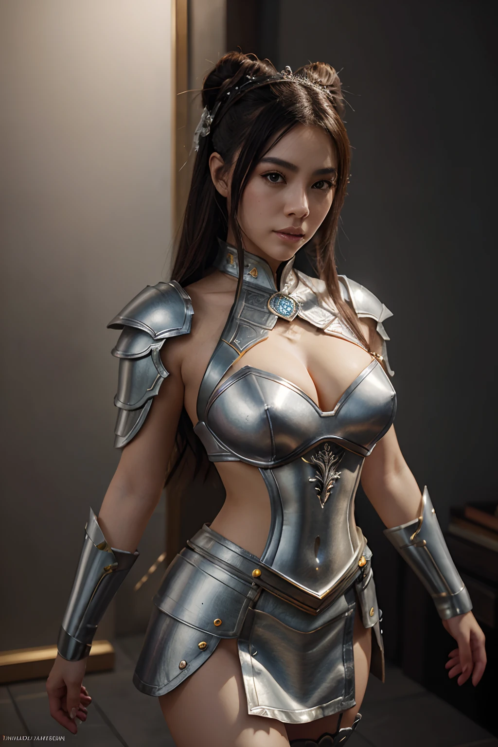 A sexy woman in a white gold and pink lotus lace armor skirt, Chengwei Pan em ArtStation, por Yang J, arte de fantasia detalhada, arte de personagem impressionante, fanart melhor artstation, epic exquisite character art, armadura bonita, Artgerm extremamente detalhado, arte de anime digital detalhada, Artgerm em ArtStation Pixiv, Menina da armadura, decote seios grandes:1.2, (mini saia:1,5)