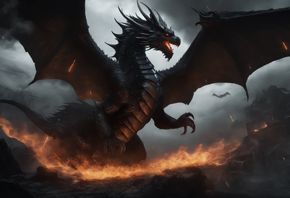 Dark Dragon,Geographic data,Detailed photo shooting style,hyper photorealism,dragon scale,Exquisite details,Sharp focus,Vivid colors,Fiery eyes,Majestic wings,Ominous atmosphere,Night setting,Iridescent colors,small detailed,Dragon's breath,ogre,Mystery and power,spine-chilling，mesmerising,Giant claws,majesticpresence,Fire and smoke,mythological beasts,Dramatic lighting,terrifying beauty,Imaginative landscape,Ominous Shadows,magical aura,Dark and atmospheric,Ominous scenery,Dynamic composition,Gorgeous proportional details,Imposing body,Stormy sky,superb realism,Grandiose scene,Mesmerizing and unforgettable,ethereal glowing,impressive textures,Homem-Imponente，Be intimidating,dramatic contrast,otherworldly presence,awe-inspiring spectacle