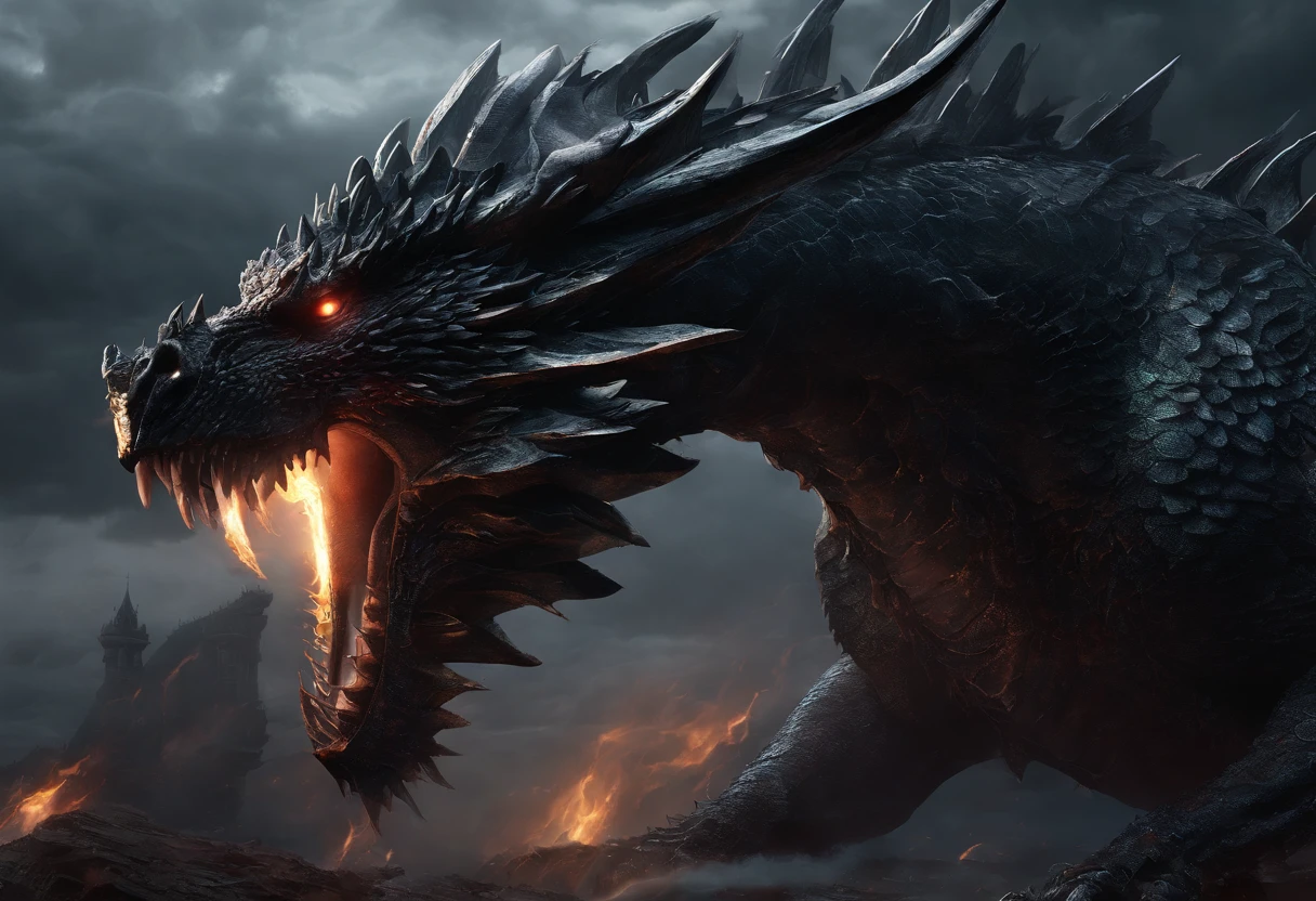 Dark Dragon,Geographic data,Detailed photo shooting style,hyper photorealism,dragon scale,Exquisite details,Sharp focus,Vivid colors,Fiery eyes,Majestic wings,Ominous atmosphere,Night setting,Iridescent colors,small detailed,Dragon's breath,ogre,Mystery and power,spine-chilling，mesmerising,Giant claws,majesticpresence,Fire and smoke,mythological beasts,Dramatic lighting,terrifying beauty,Imaginative landscape,Ominous Shadows,magical aura,Dark and atmospheric,Ominous scenery,Dynamic composition,Gorgeous proportional details,Imposing body,Stormy sky,superb realism,Grandiose scene,Mesmerizing and unforgettable,ethereal glowing,impressive textures,Homem-Imponente，Be intimidating,dramatic contrast,otherworldly presence,awe-inspiring spectacle