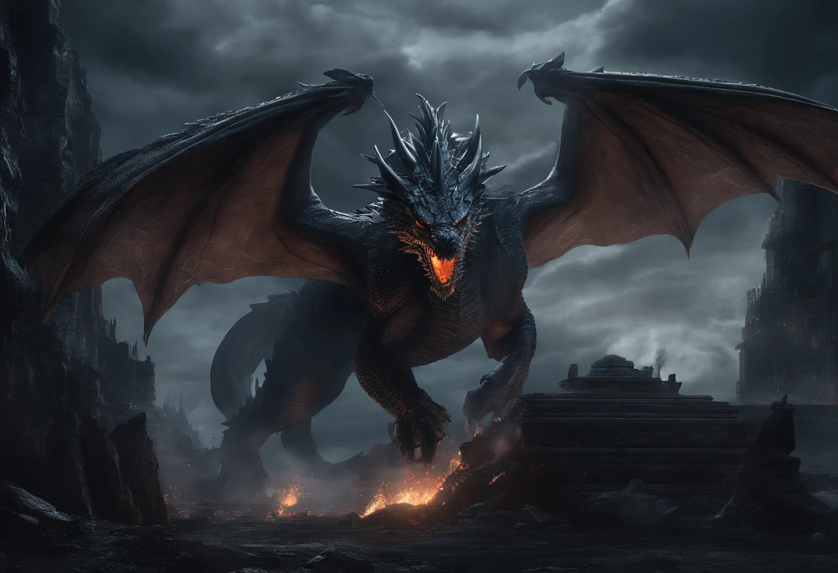 Dark Dragon,Geographic data,Detailed photo shooting style,hyper photorealism,dragon scale,Exquisite details,Sharp focus,Vivid colors,Fiery eyes,Majestic wings,Ominous atmosphere,Night setting,Iridescent colors,small detailed,Dragon's breath,ogre,Mystery and power,spine-chilling,mesmerising,Giant claws,majesticpresence,Fire and smoke,mythological beasts,Dramatic lighting,terrifying beauty,Imaginative landscape,Ominous Shadows,magical aura,Dark and atmospheric,Ominous scenery,Dynamic composition,Gorgeous proportional details,Imposing body,Stormy sky,superb realism,Grandiose scene,Mesmerizing and unforgettable,ethereal glowing,impressive textures,Homem-Imponente,Be intimidating,dramatic contrast,otherworldly presence,awe-inspiring spectacle