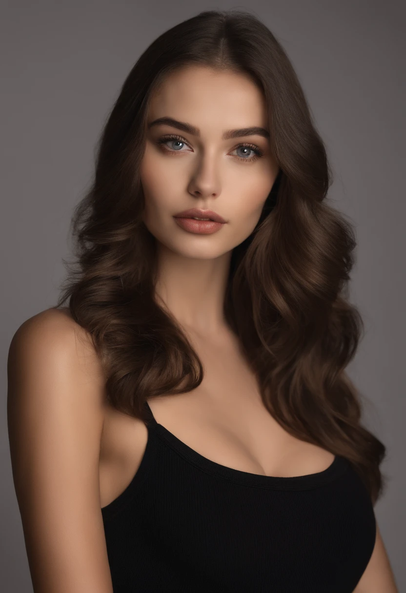 russian woman in dark style top posing for a picture, 30 years old, sexy face, jaw dropping beauty, portrait sophie mudd, 21 years old, she is wearing a black tank top, jaw-dropping beauty, 2 2 years old, sexy gaze, 1 6 years old, looking hot, sexy look at the camera, cleavage