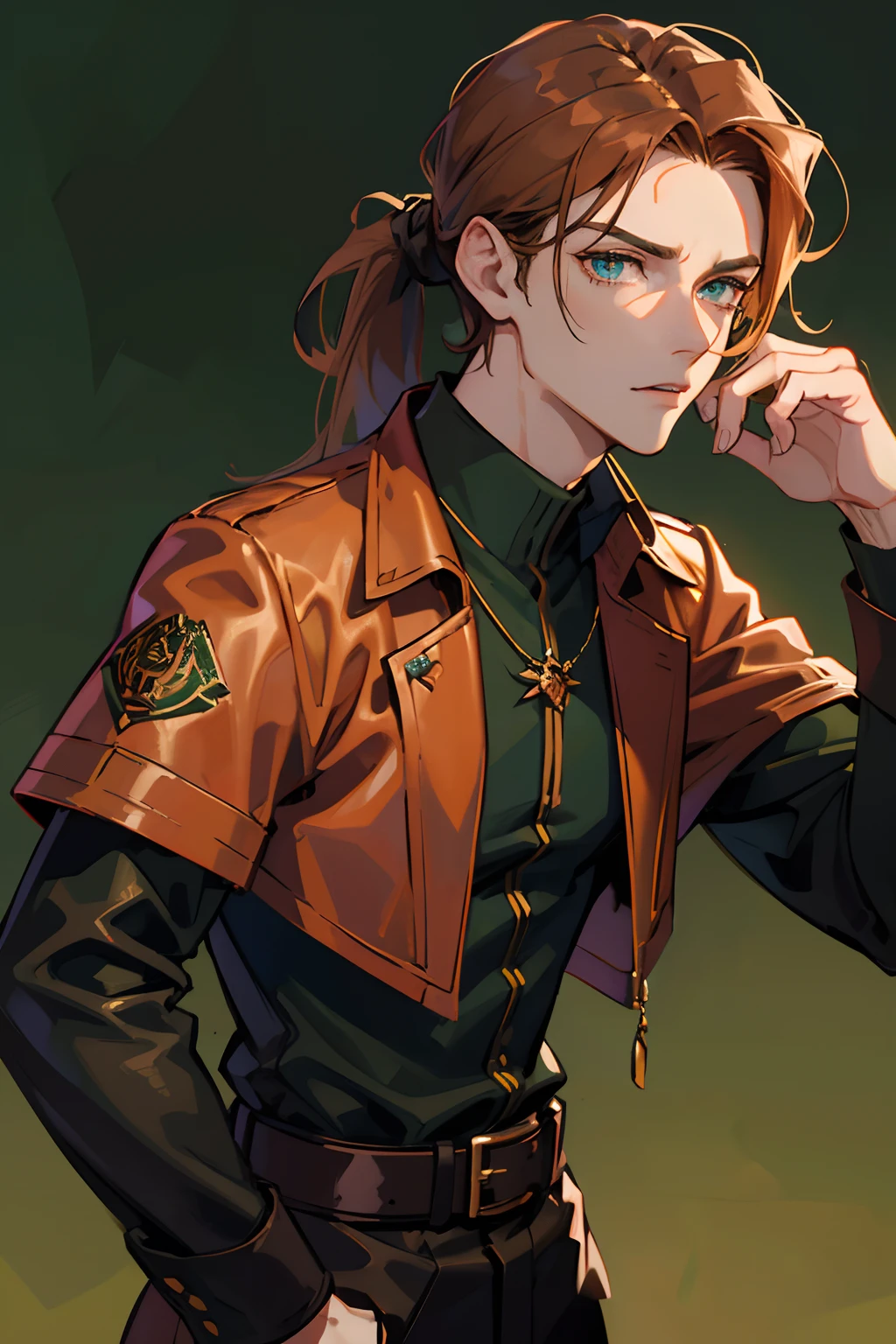 ember, Guy, slim physique, ah high, grown up, Long copper hair, brown-hair, hair in a ponytail, Emerald-colored eyes, higly detailed, Gloomy, Russian, Senior, black undershirt, wrinkles, scar on his left eye, green colored eyes