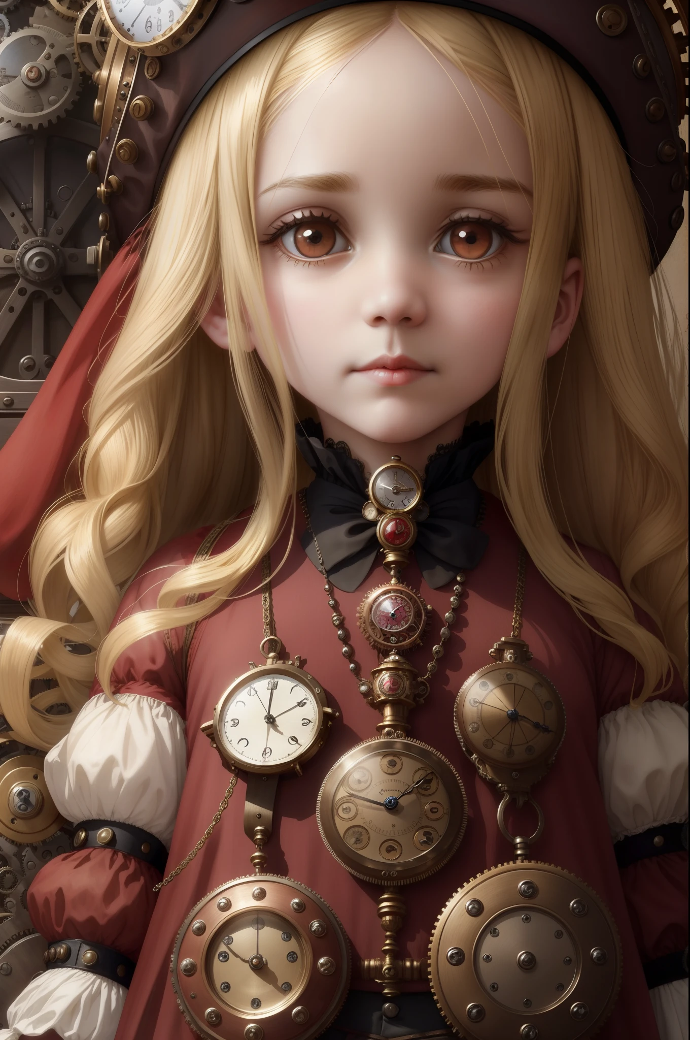 close-up, straight hair blonde short curly girl the little red hat, clock on necklace, (Victorian era), ((steampunk)), cinematography, worked, elegant, meticulous, magnificent, maximum detail, extremely hyper-aesthetic, intricately detailed, lots of gears, old town background