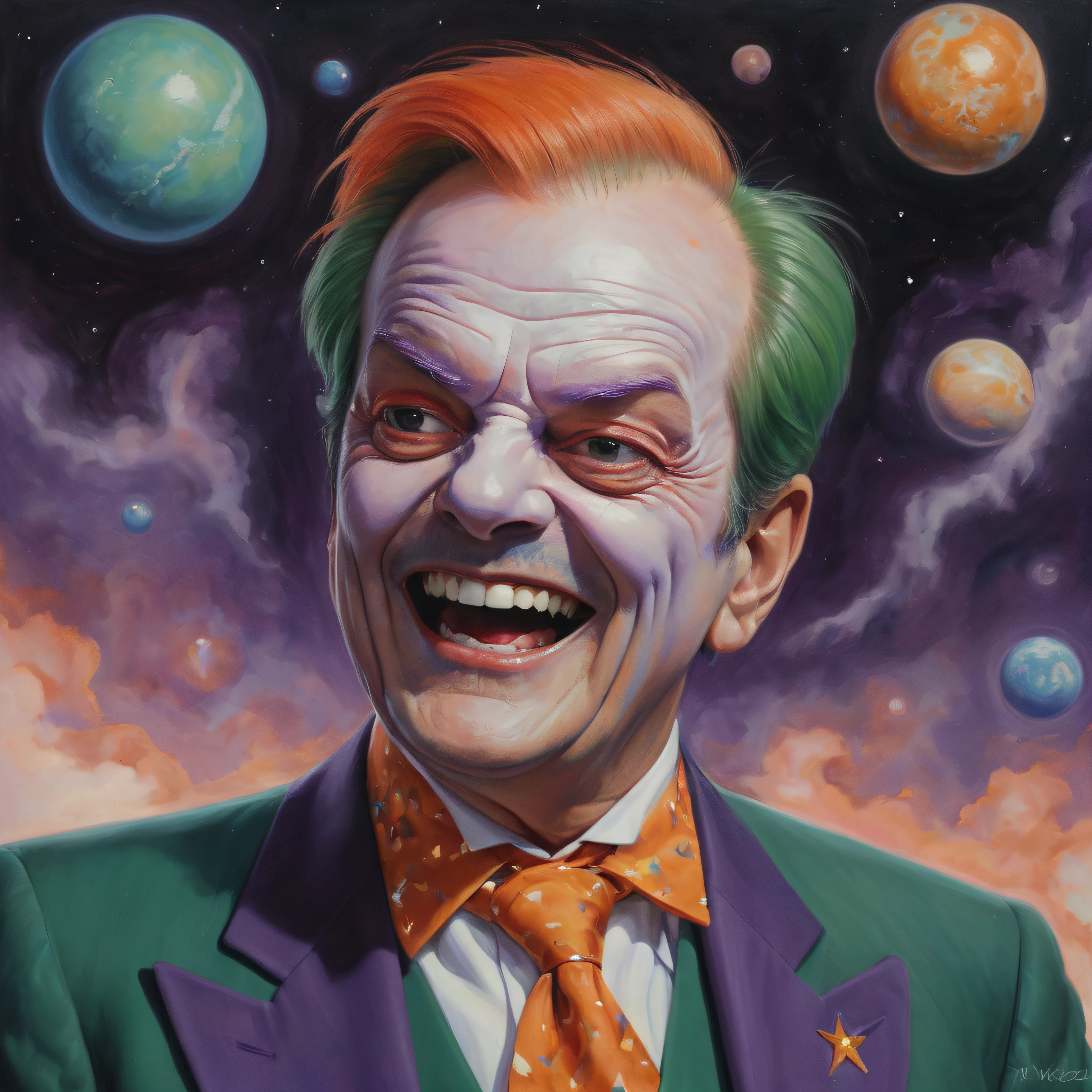 half body image, portrait of Jack Nicholson with white face paint, red lipstick, short, green hair and eyebrows, shadowed eyes, Laughing maniacally, purple suit, orange vest, multicolored tie, extremely colorful, planets and stars and galaxies, in the background, Multicolored lightning, fog, and clouds, oil painting on canvas in the art style of Boris Vallejo