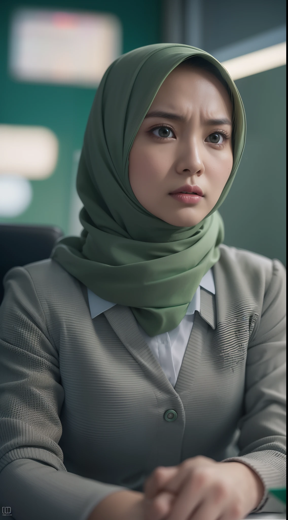 Beautiful fair skin matured malay girl in hijab seating in meeting room angry, 45 years old, milf, angry pose, angry face, meeting room, morning, wearing hijab, pastel color hijab, green office outfit, green suits, small tits, small breast, flat chest, wide waist, beer belly, thick thighs, Super 8mm lense, Extreme close-up, Cross-Processing color grading, starbursts, adventure movie scene, Fluorescent light, Low-key lighting, high quality, ultra detail, 8k resolution,