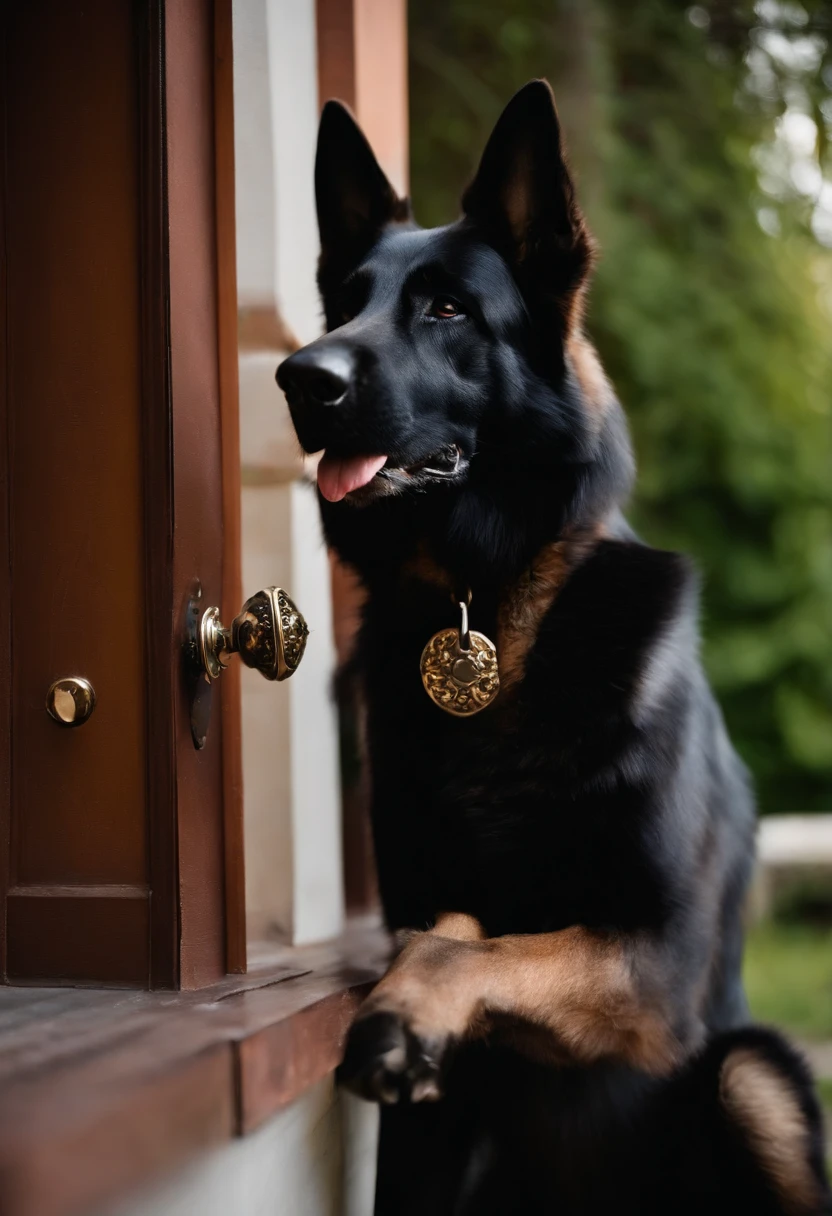 Black German shepherd with brown paws eating door knobs