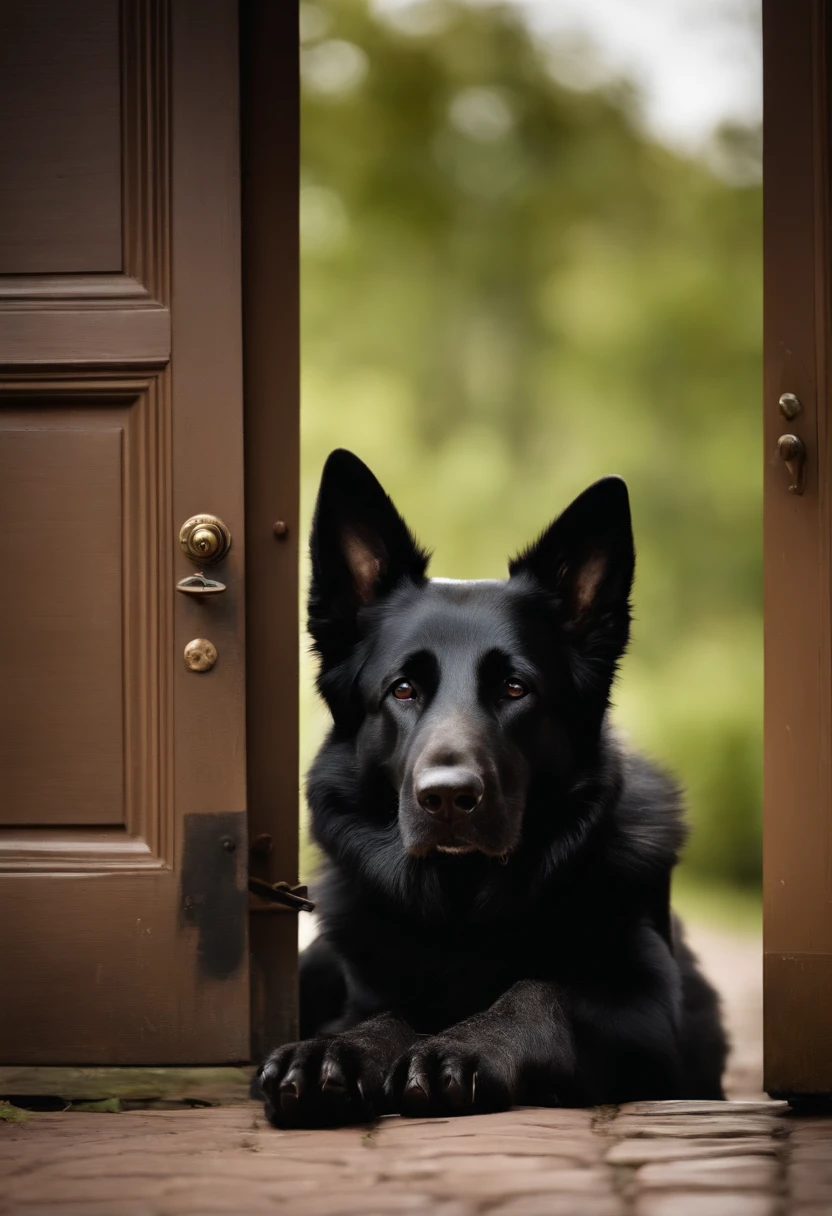 Black German shepherd with brown paws eating door knobs