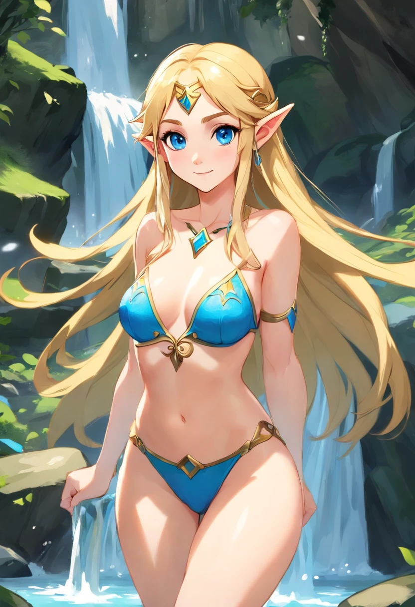elf girl, long hair, blonde, blue eyes, medium breasts, thighs, naked, embarrassed, in a waterfall, detailed skin