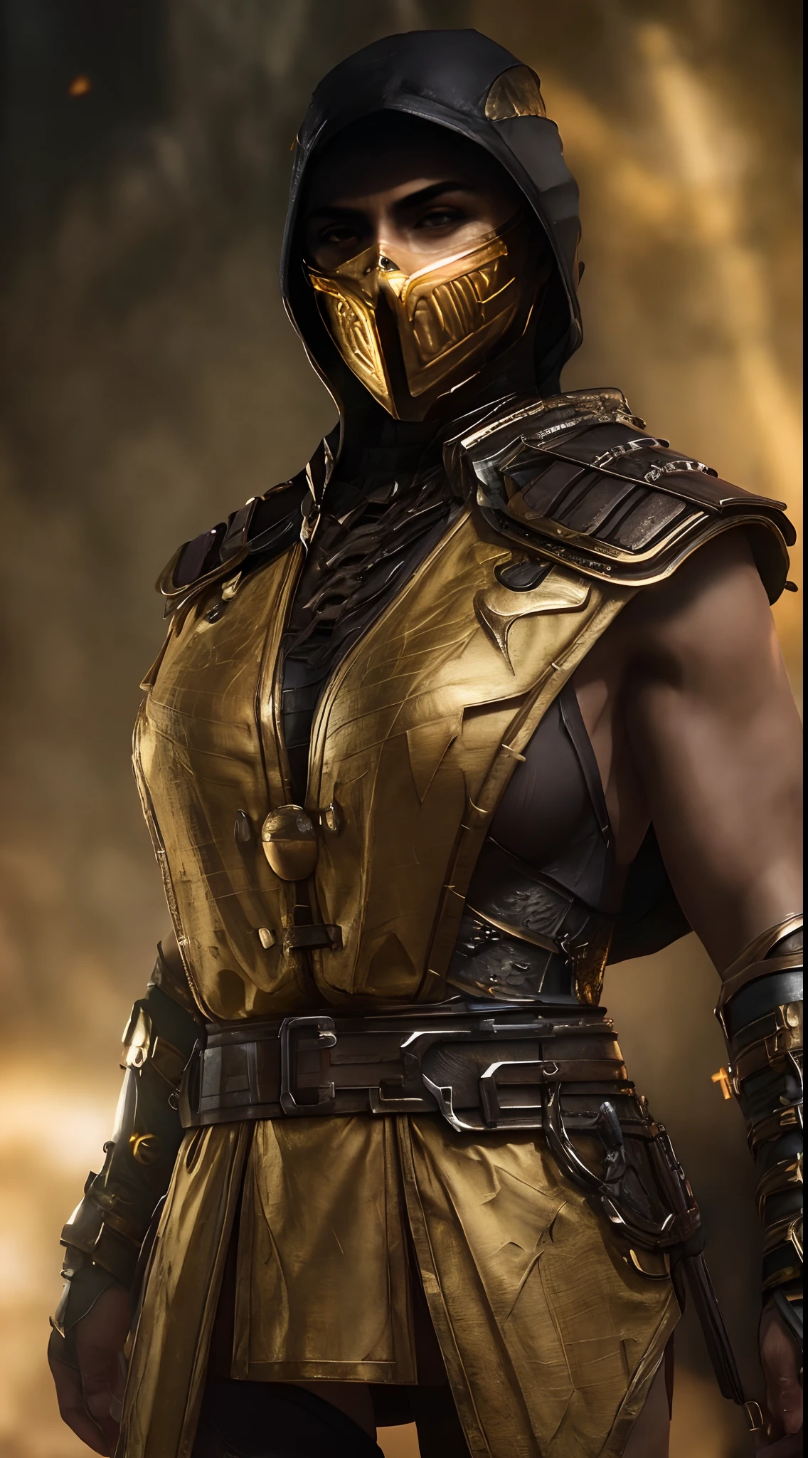 (masterpiece), (best quality), realistic, cinematic light, scorpion as girl,,mask,,massive perfect breast, muscular body, dark black eyes, goth makeup,dark black hair,dark yellow black outfit,,((dark golden armor)),,,dark magic fantasy,,, ray tracing cinematic shot unreal engine 5 ultra sharp ultra realistic detailed