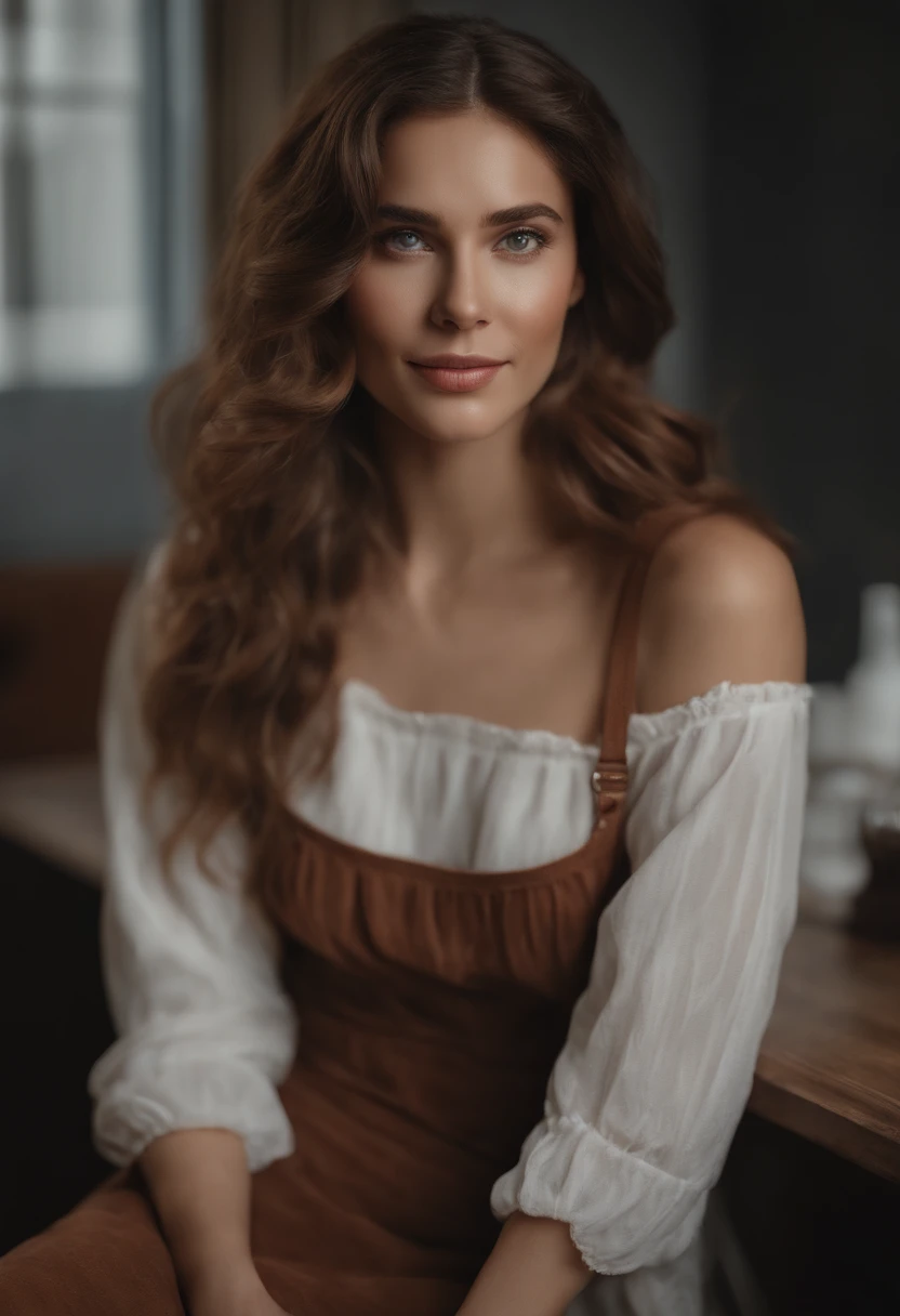 Belle brune portant un pull rouge clair (dans un salon), Very detailed, 21 ans, visage innocent, natural wavy hair, cheveux mi-courtsyeux bleus, gros seins naturels, grosse poitrine naturelle, High resolution, Chef-d'oeuvrre, Best quality, Intricate details, highly detailed, mise au point nette, detailed skin, realistic skin texture, texture, detailled eyes, professionnel, 4K, sourire charmant, filmed on Canon, 85 mm, faible profondeur de champ, Couleur Kodak Vision, perfect fit body, Extremely detailed, photographier_\(ultra\), photoreallistic, Realstic, Post-traitement, maximum details, roughness, real life, ultra realist, photorealism, photographie, 8K UHD, photographie, travail, bureau