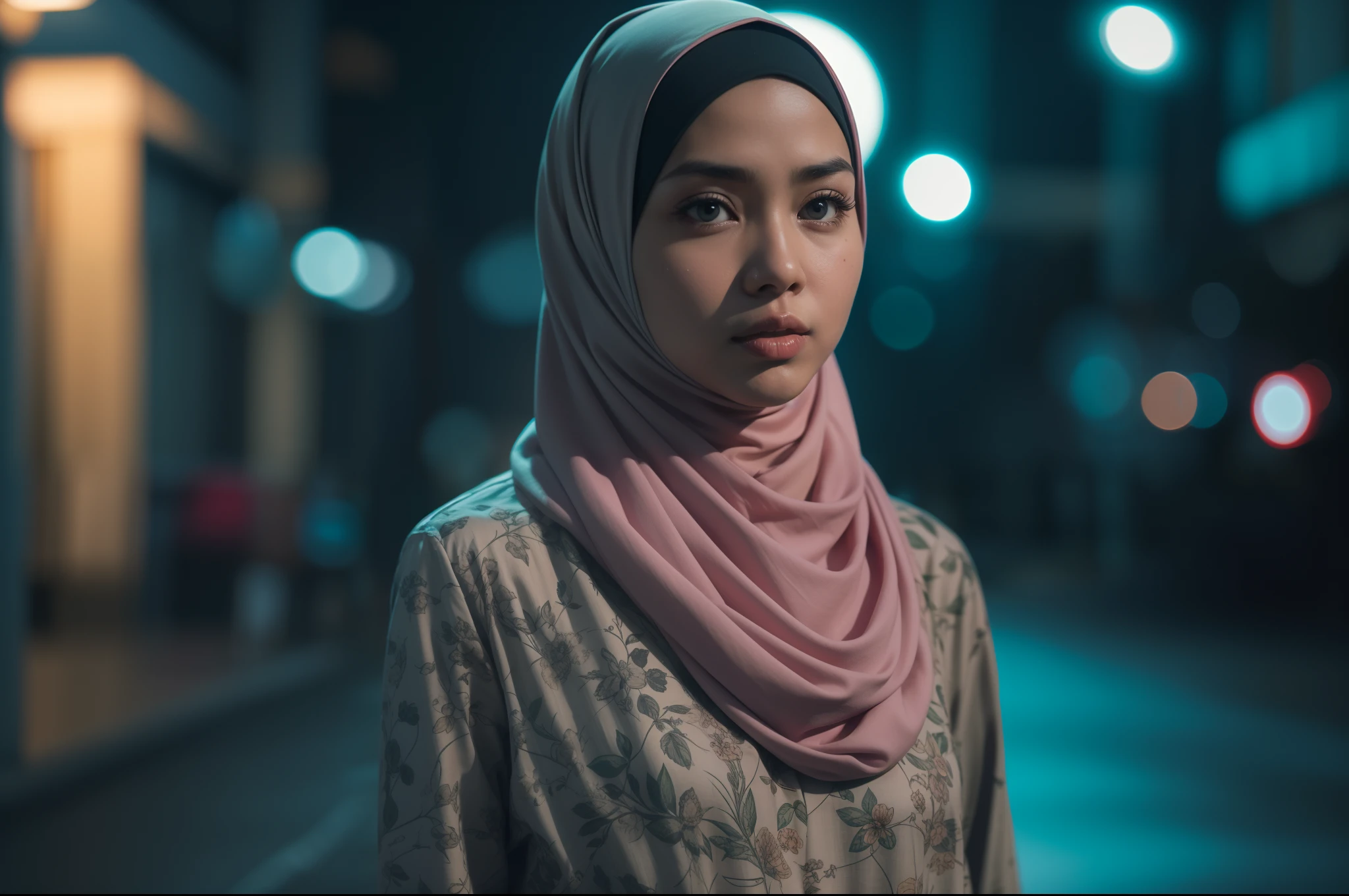 a beautiful malay girl in hijab and tight pyjamas standing in a empty city street, petite body, nighttime, Prores lense, Low angle shot, Desaturated color grading, rear projection, Tungsten light, Dynamic shadows, indie western, high quality, ultra detailed, 8k resolution,