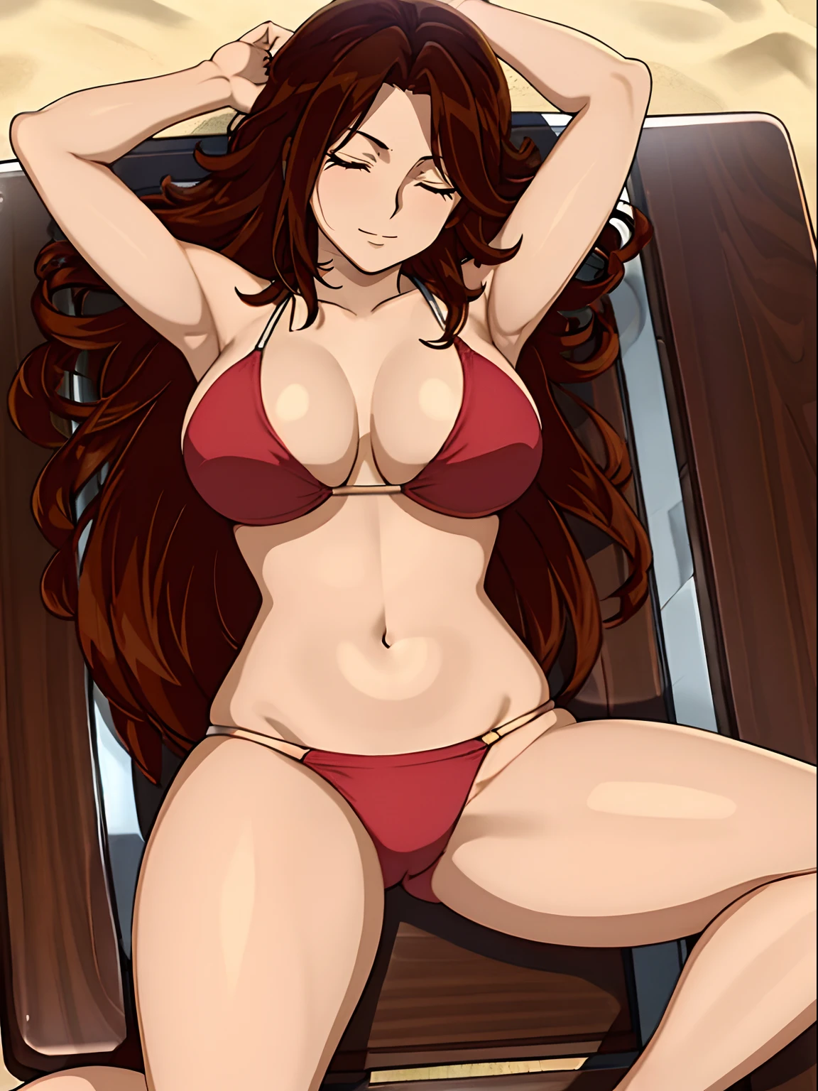 Elegant lady,  anime style: 1.8, anime drawing, ultra detailed face, ultra detailed body, 4k, Sumergai Lee Noriega, ((sleeping down on wrestling ring, lying down on wrestling ring), closed eyes), best quality, anime style, hires, highest definition, digital blending, bold drawing lines, (location: beach, sunbathing), ( slim body, (little biceps), , off-shoulders, closed fists, (curvy: 2.8)), ((broken bikini,  (chaps))), victorious, winner, gentle, (pale skin, shiny skin, very big breasts, smile), (big eyes, brown eyes), (brown hair, loose hair), 27 years old,