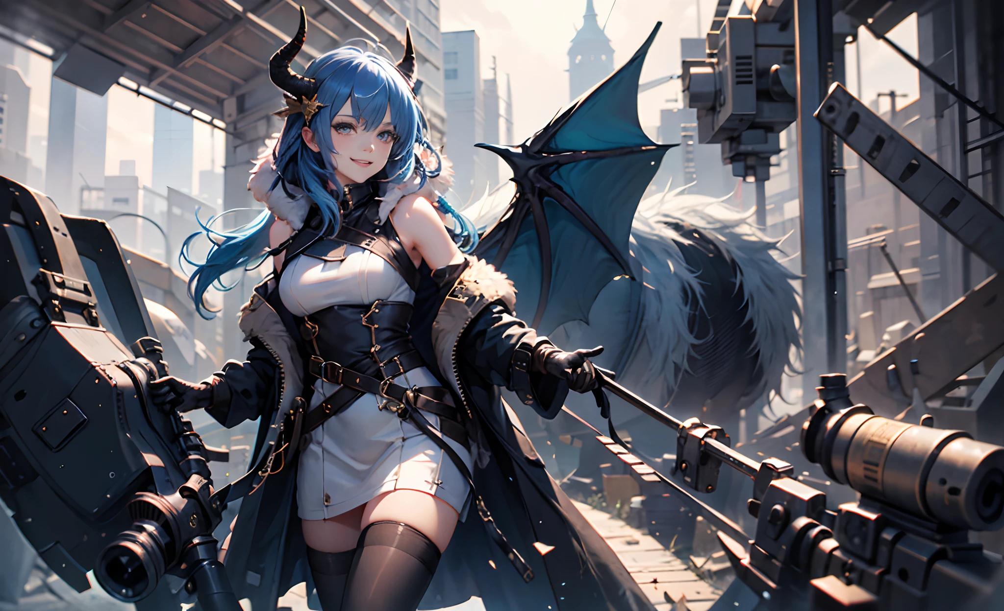 (masutepiece, Best Quality:1.2),Illustration,8K,hard disk,1girl in,Solo,Cowboy Shot,sefu (sprincess connect!),Fur trim,tail,dragon tail,Horns,Blue eyes,Dragon Girl,dragon horn,Wings,gloves,pantyhose,White Dress,Dress,Looking at Viewer,Dragon wings,coat,braid,Blue hair,Black Gloves,hooded coat,long boots,Hood down,Smile,Ice,Long hair,Bangs,Sleeveless,Single braid,fur-trimmed coat,Open coat,Blue wings,Fur-rimmed hood,hoods,Bare shoulders,Black pantyhose,hair over shoulder,Fur-trimmed boots,