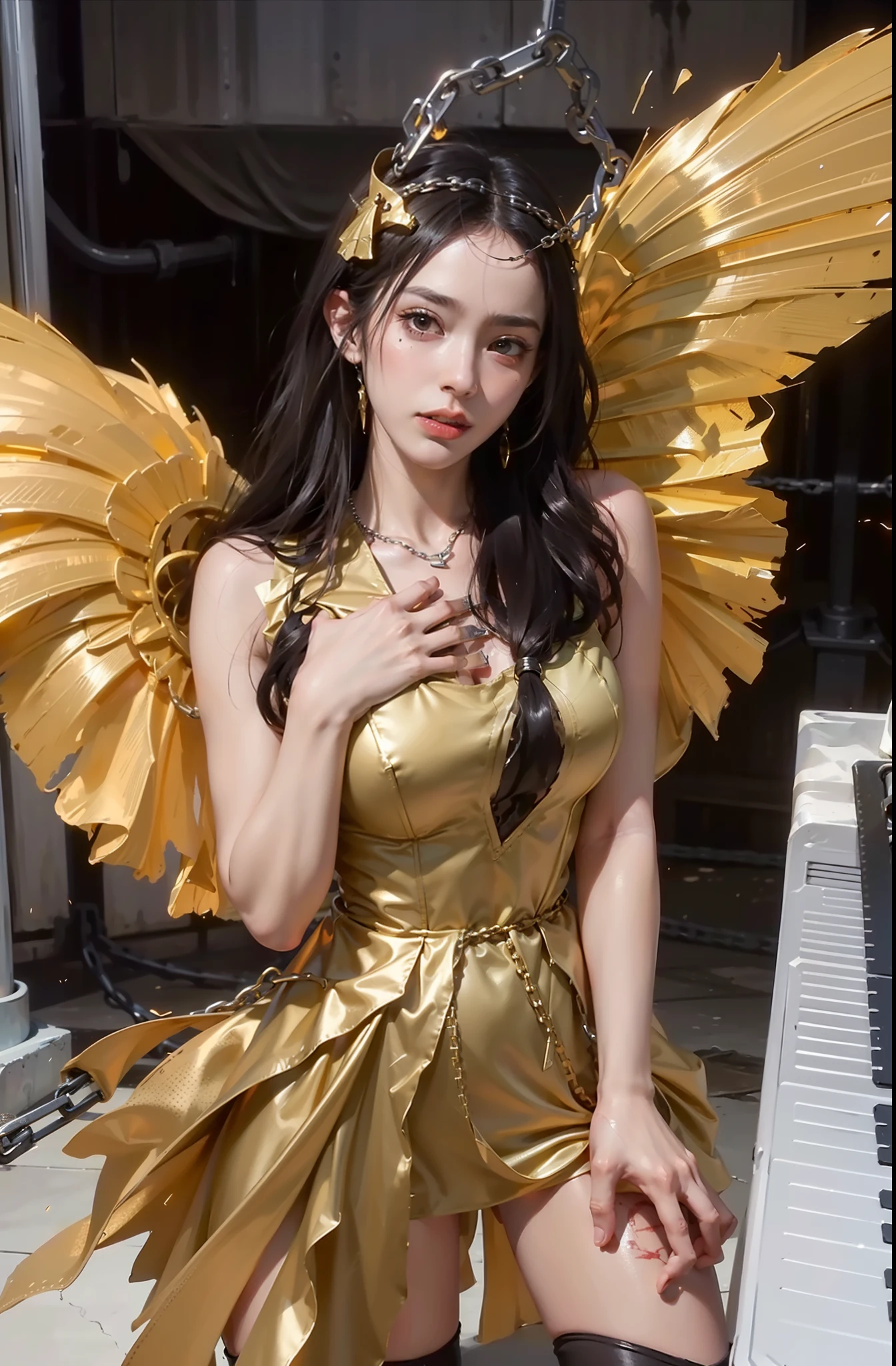 ,((Wearing a torn sheer costume of a superheroine)),(, No bra)), Wet crotch, Wet thighs, Beautiful girl with accentuated slender abs: 1.4, (((nipple tips protruding, areola is protruding, The shape of the pubic region is clearly visible)), sixpack abs: 1.4, Bust Botox, Photo, Sharpness, Unique 850 4, Koda850 k portrait camera, F1.6 shots, Ultra-realistic textures, Spectacular light textures, Cinestil 800 Fashion Mechanics, (futuristic sci-fi battle fashion: 1.1), (tied perfectly by chain), Restraint, Slaves, collars, ((wide prison with sunlight)), Dark fantasy, Realistic material details, extreme hight detail, Ultra-realistic materials ((Torn costume))), Wet, Cloudy, (Chained)), ((big emphasized by chains)), ((chains digging into crotch)), ( (Collar)), (, No bra), shredded costumes, broken golden shields and battle spears,, White combat gloves, Combat shoulder armor, Blood splattered on the face, Blood splattered, Realistic, (Bruises, Dirty, ripped clothing, skimpy clothing, Blood: 1.3),  Torn Cape, Torn pantyhose, Long legs, ((iron pipe in the crotch)), Metallic shackles and fetters, ((chains hung from heaven)), Wet crotch is clearly visible, Swarovski's sword and the anatomy beneath his feet, (futuristic sci-fi battle fashion, Torn mesh stockings)，