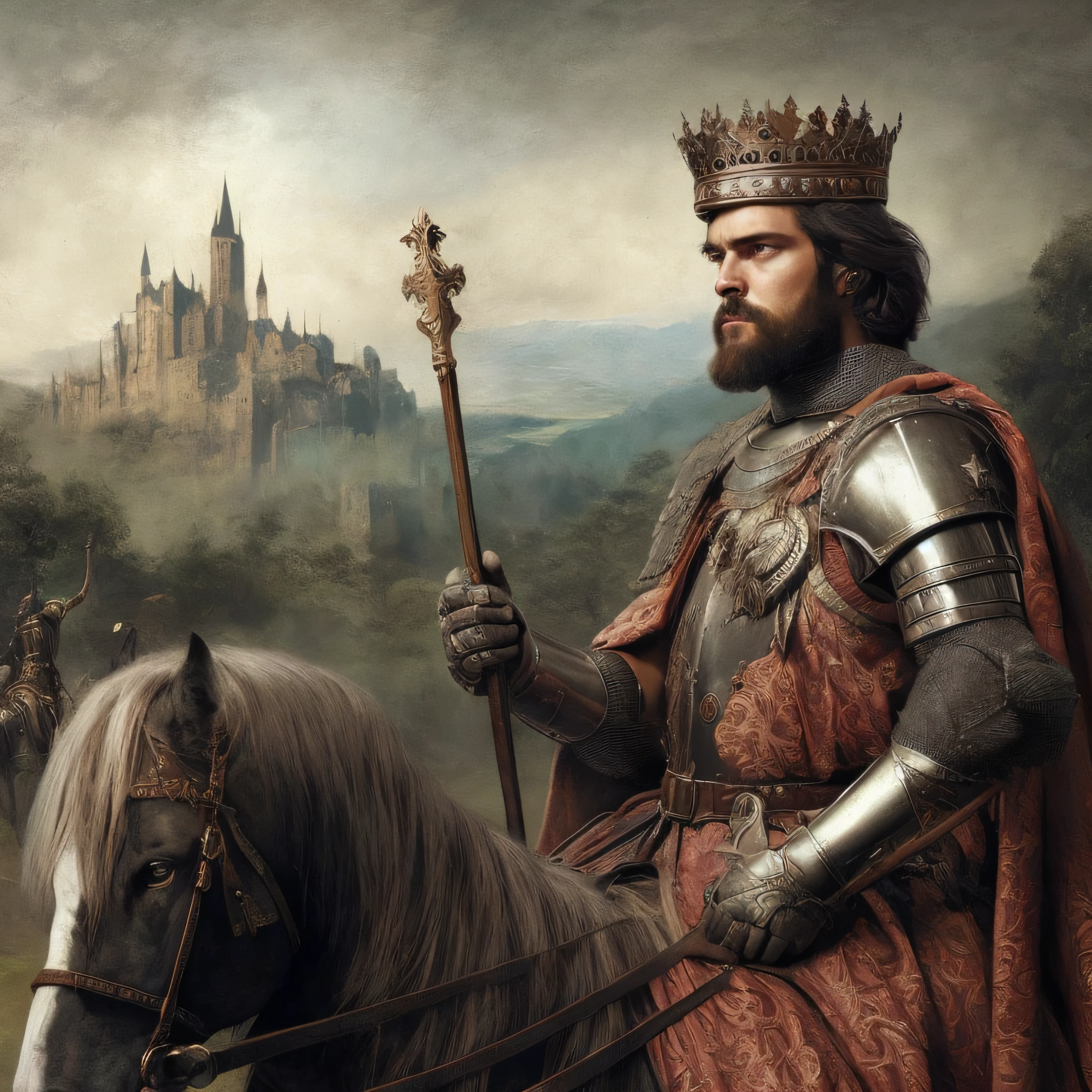 There's a painting of a man in armor riding a horse, Grande Rei de Stovokor, king richard the lionheart, Velho Rei Medieval, Tuomas Korpi e Wlop, Majestade em roupas nobres, Directed by: Laszlo Balogh, Directed by: Andrew Wroblewski, Directed by: Artur Tarnowski, Retrato do velho rei medieval